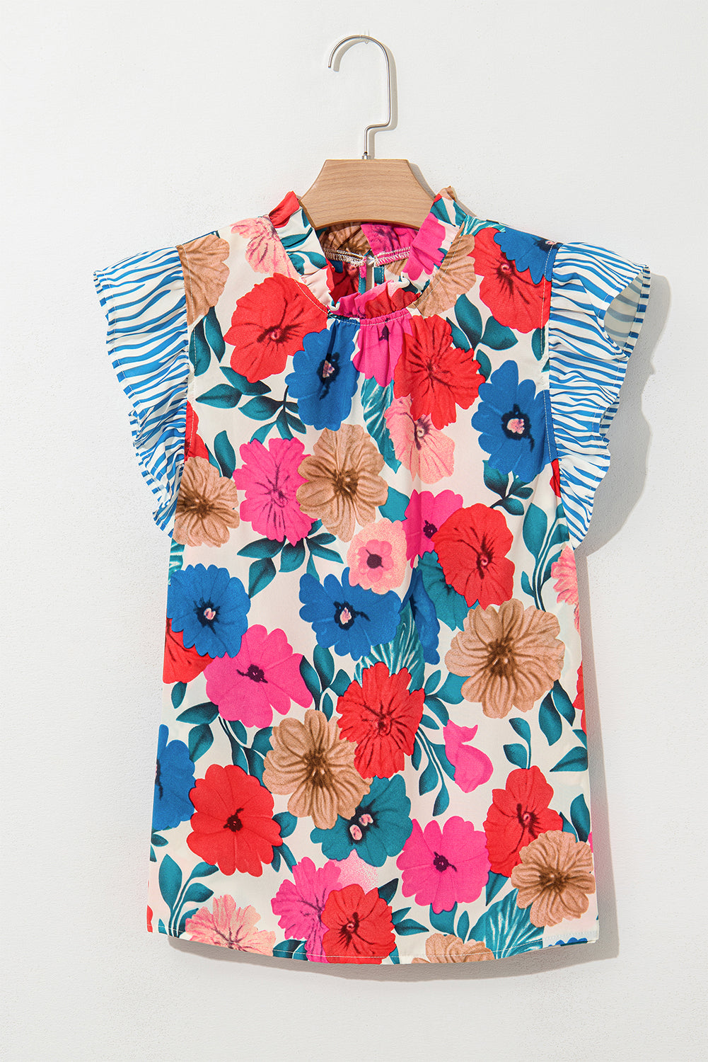 Sky Blue Floral Mock Neck Striped Flutter Sleeve Blouse-Tops/Blouses & Shirts-[Adult]-[Female]-2022 Online Blue Zone Planet