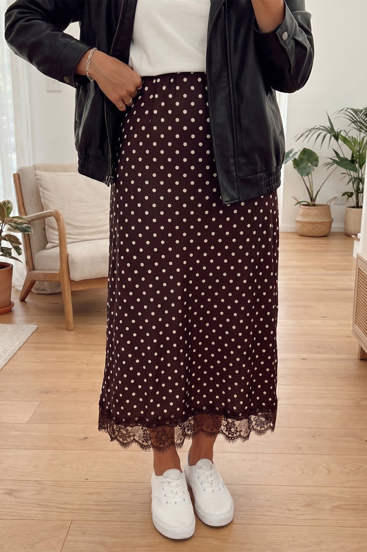 Brown Polka Dot Lace Hem Elegant Long Shift Skirt-Bottoms/Skirts & Petticoat-[Adult]-[Female]-Brown-S-2022 Online Blue Zone Planet