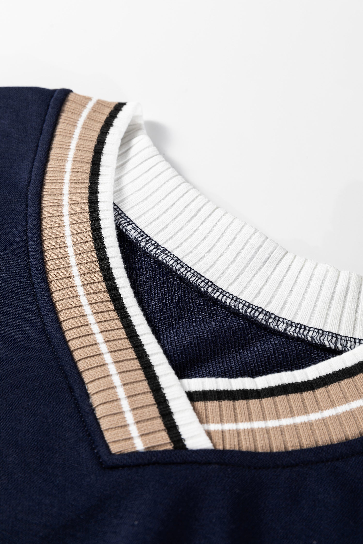 Navy Blue Varsity Contrast Striped Trim V Neck Sweatshirt-Tops/Sweatshirts & Hoodies-[Adult]-[Female]-2022 Online Blue Zone Planet