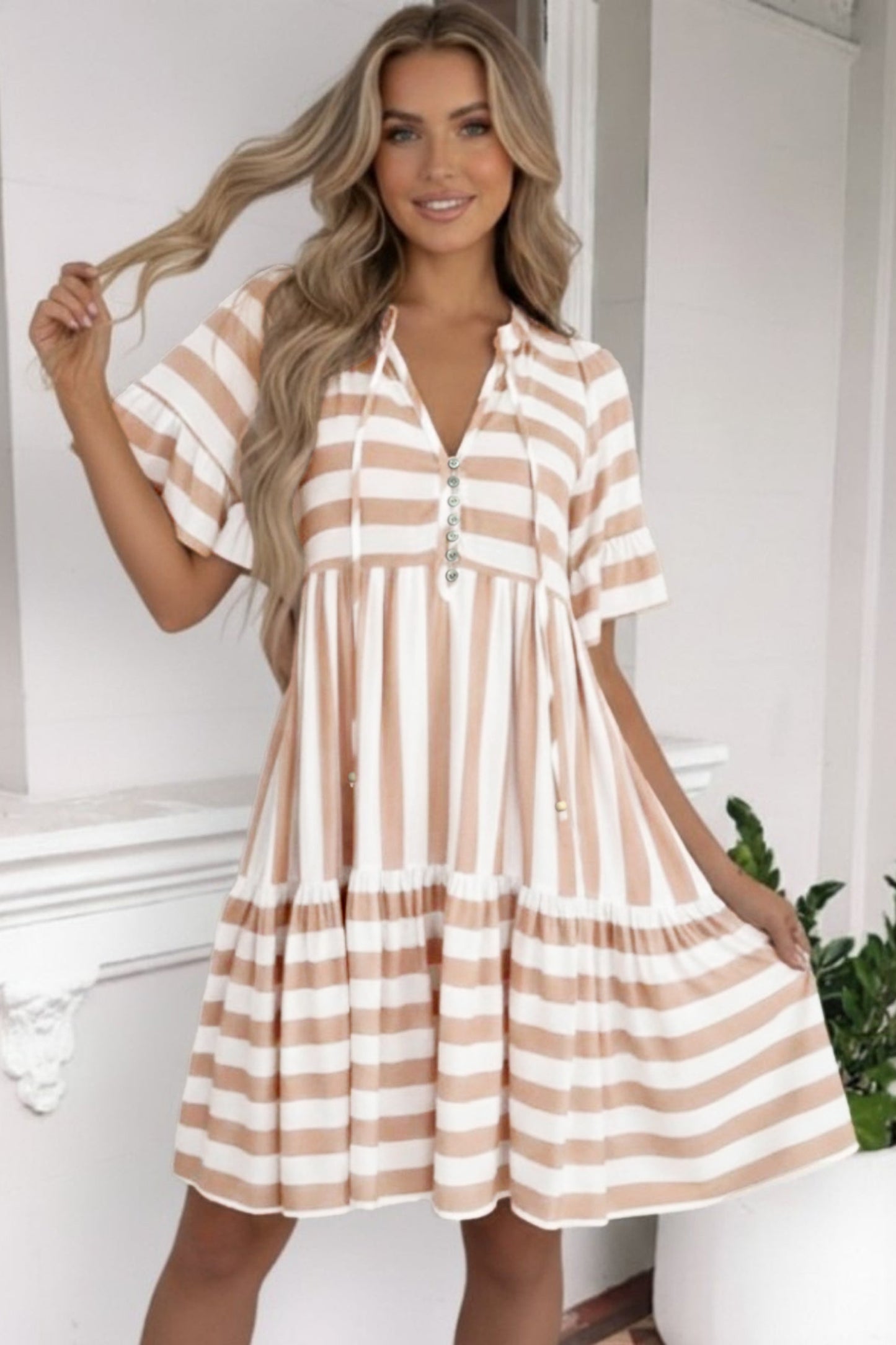 Khaki Stripe Tie V Neck Ruffle Trim Short Sleeve Flared Summer Dress-Dresses/Mini Dresses-[Adult]-[Female]-2022 Online Blue Zone Planet