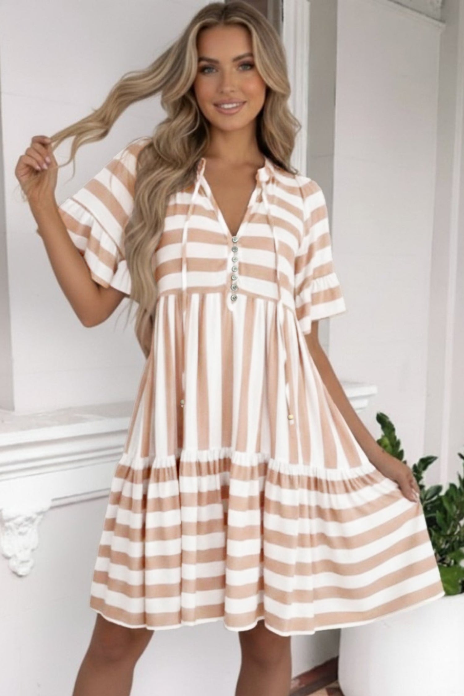 Khaki Stripe Tie V Neck Ruffle Trim Short Sleeve Flared Summer Dress-Dresses/Mini Dresses-[Adult]-[Female]-2022 Online Blue Zone Planet