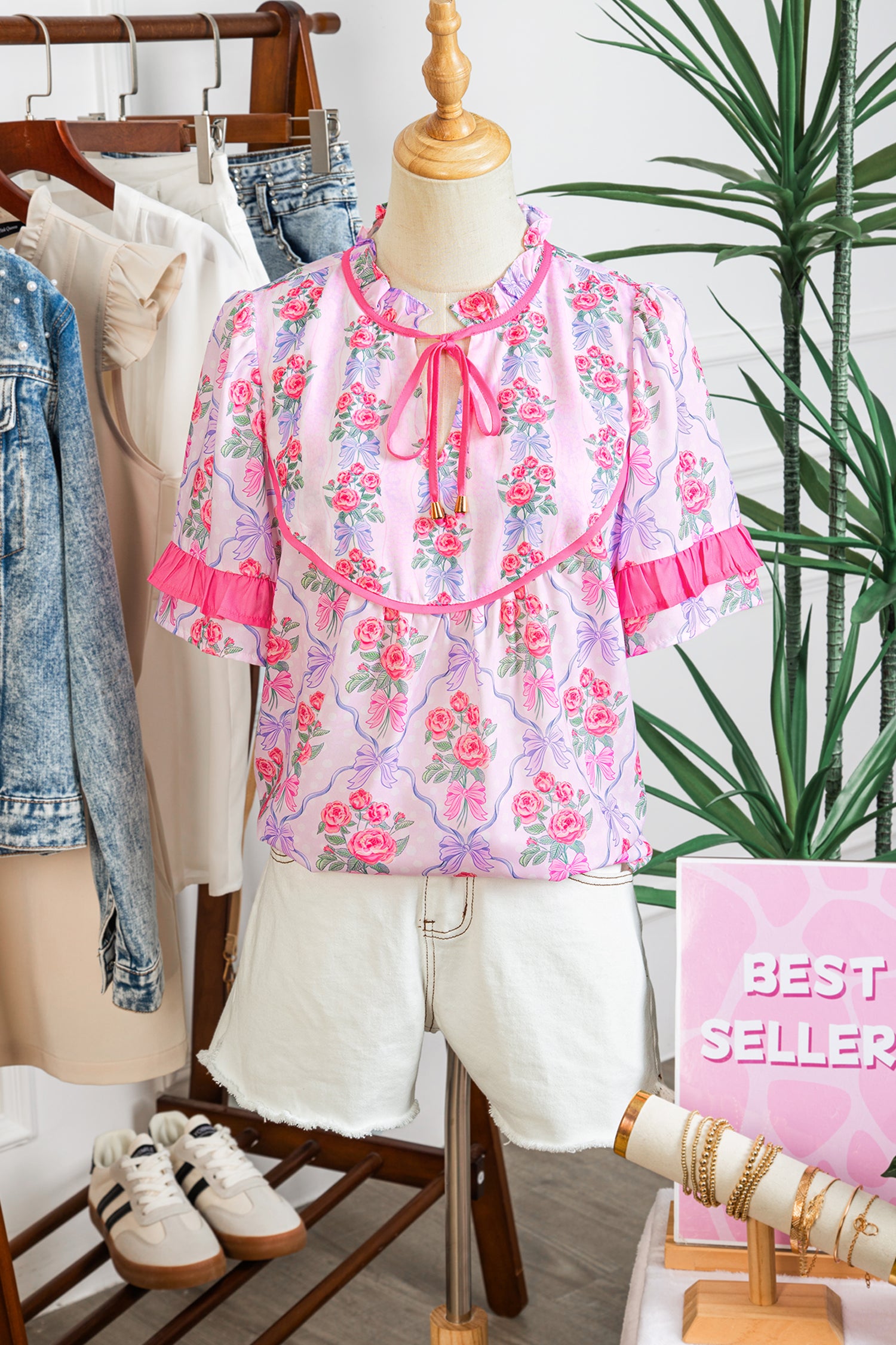 Purple Coquette Floral Bow Printed Contrast Ruffled Short Sleeve Blouse-Tops/Blouses & Shirts-[Adult]-[Female]-2022 Online Blue Zone Planet