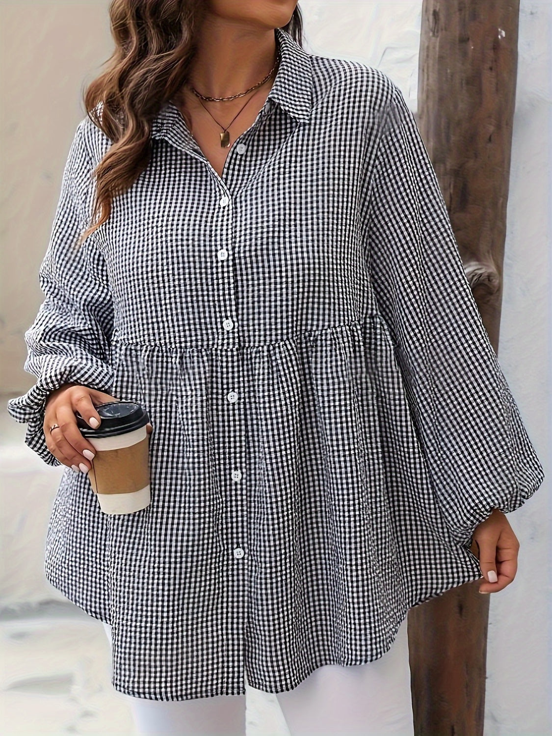 Plus Size Plaid Collared Neck Long Sleeve Shirt-TOPS / DRESSES-[Adult]-[Female]-2022 Online Blue Zone Planet