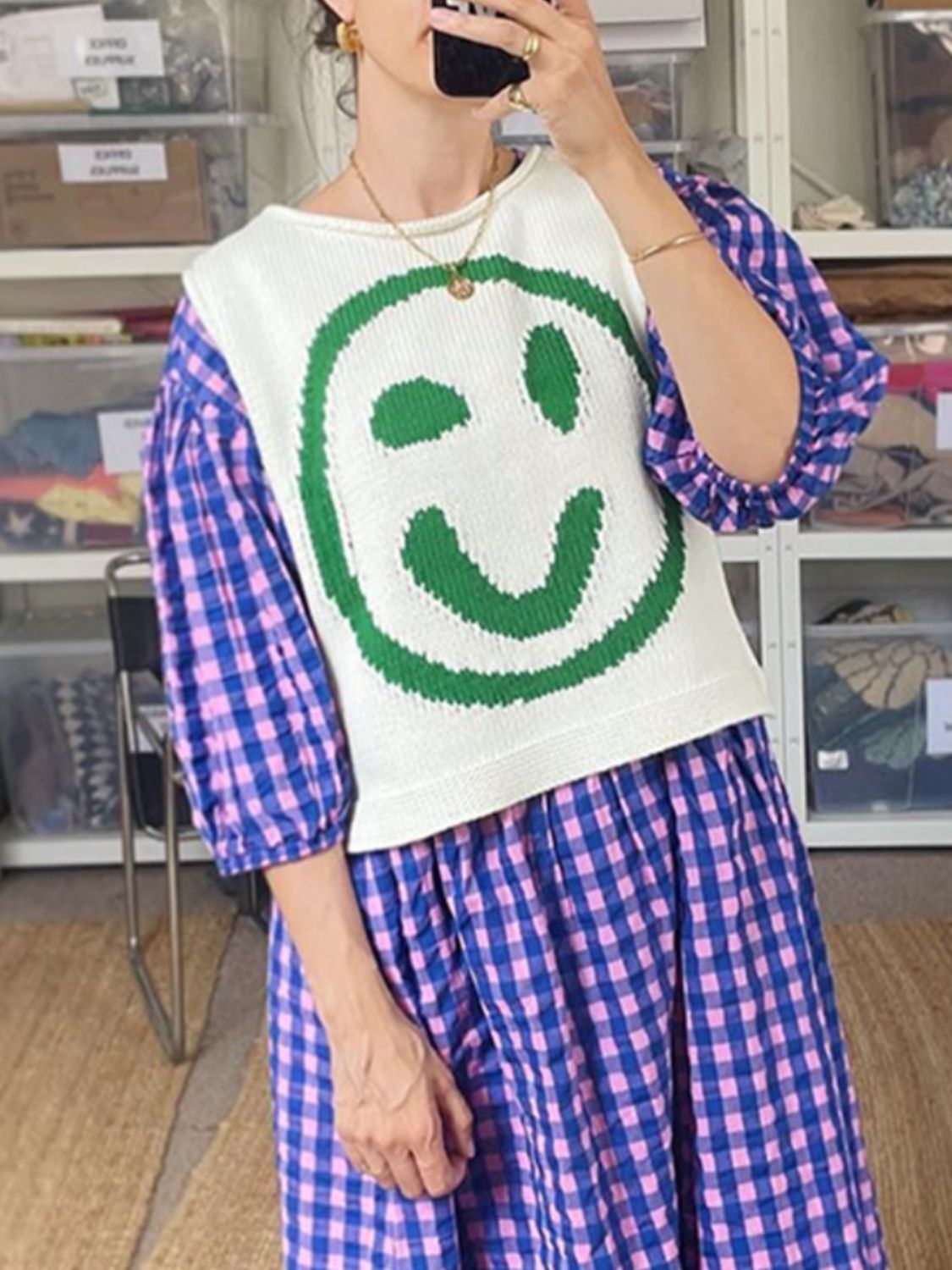 Smiley Round Neck Sweater Vest-TOPS / DRESSES-[Adult]-[Female]-2022 Online Blue Zone Planet