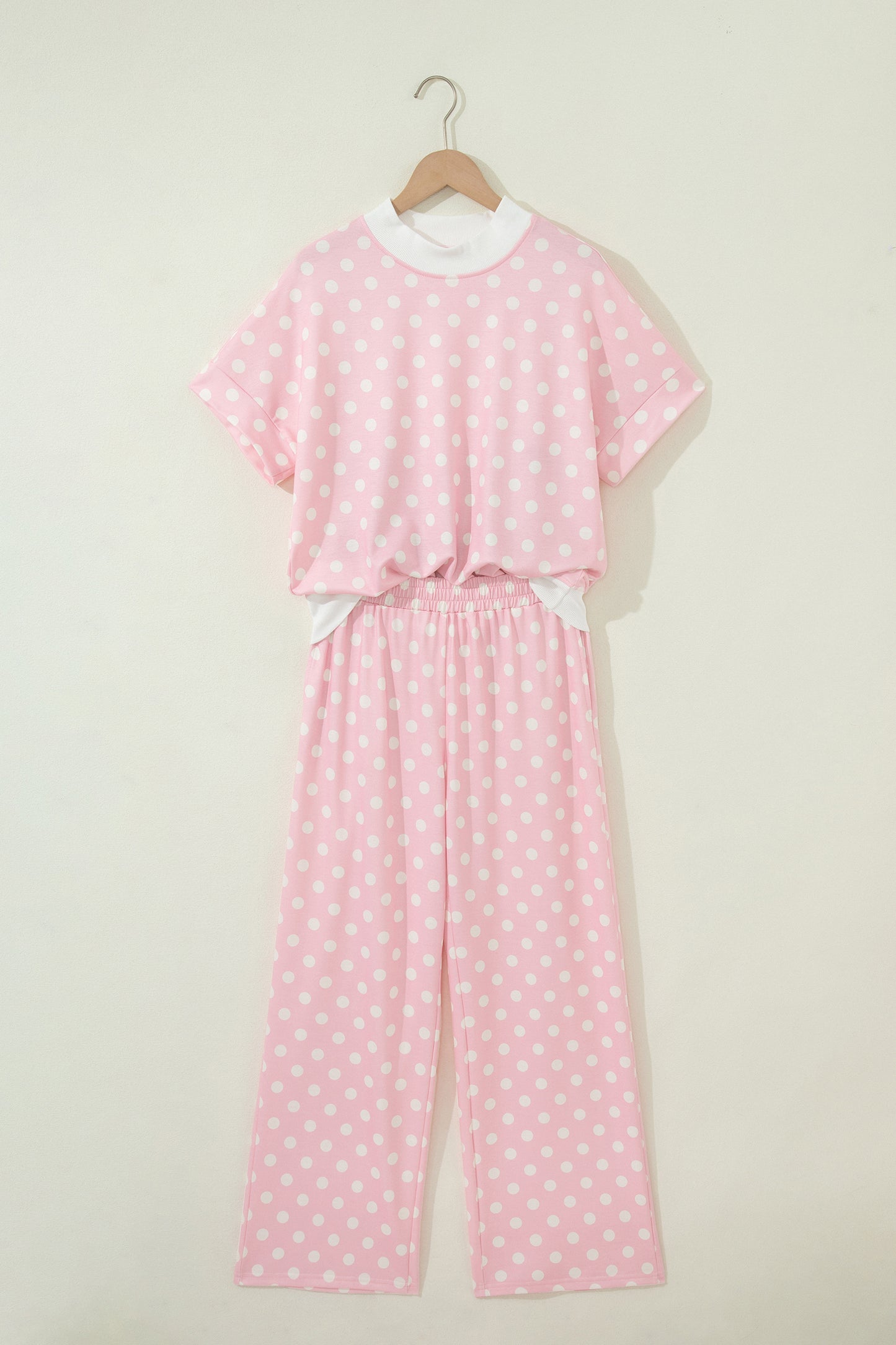 Pink Polka Dot Print Mock Neck Short Sleeve Top Shift Pant Set-Two Piece Sets/Pant Sets-[Adult]-[Female]-2022 Online Blue Zone Planet