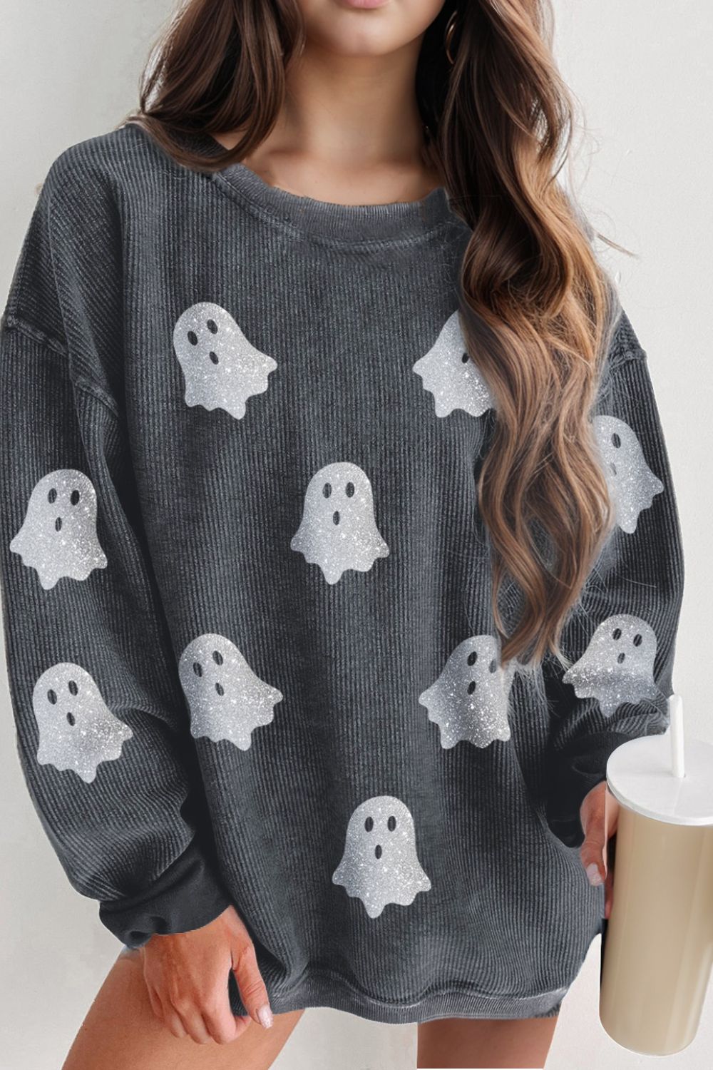 Glitter Ghost Round Neck Long Sleeve Sweatshirt-TOPS / DRESSES-[Adult]-[Female]-Dark Gray-S-2022 Online Blue Zone Planet