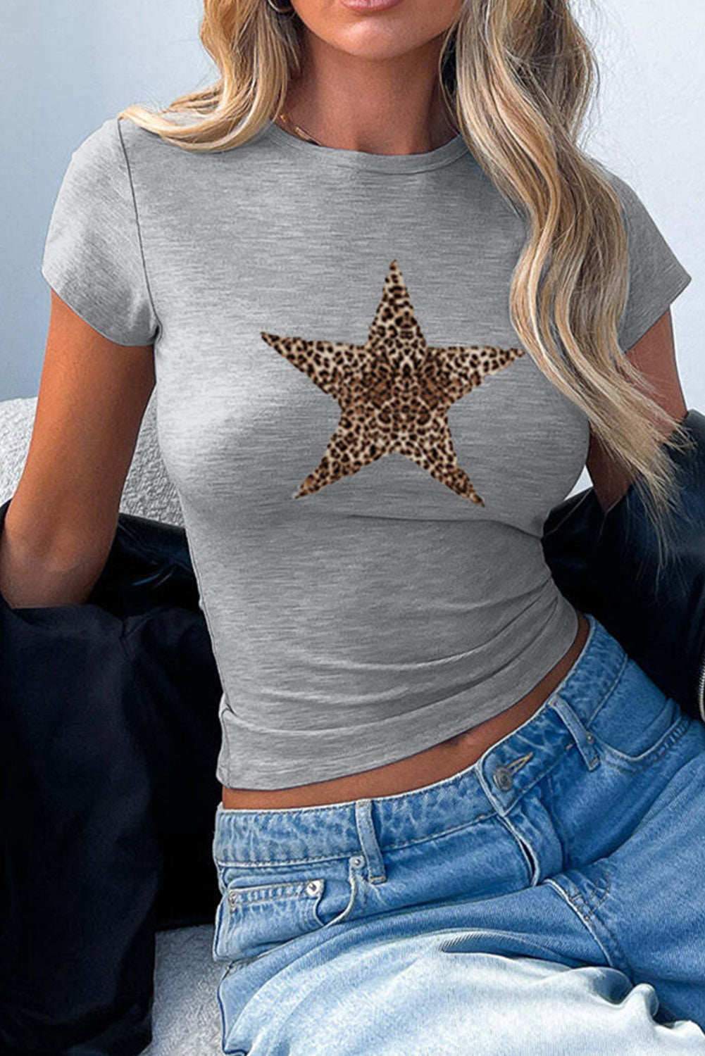 Gray Y2K Leopard Print Star Graphic Round Neck T-Shirt-T Shirts-[Adult]-[Female]-Gray-S-2022 Online Blue Zone Planet