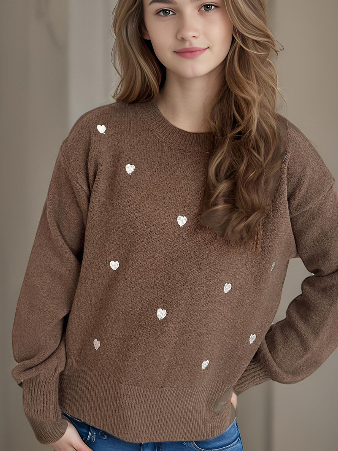 Heart Round Neck Long Sleeve Sweater-TOPS / DRESSES-[Adult]-[Female]-Brown-One Size-2022 Online Blue Zone Planet