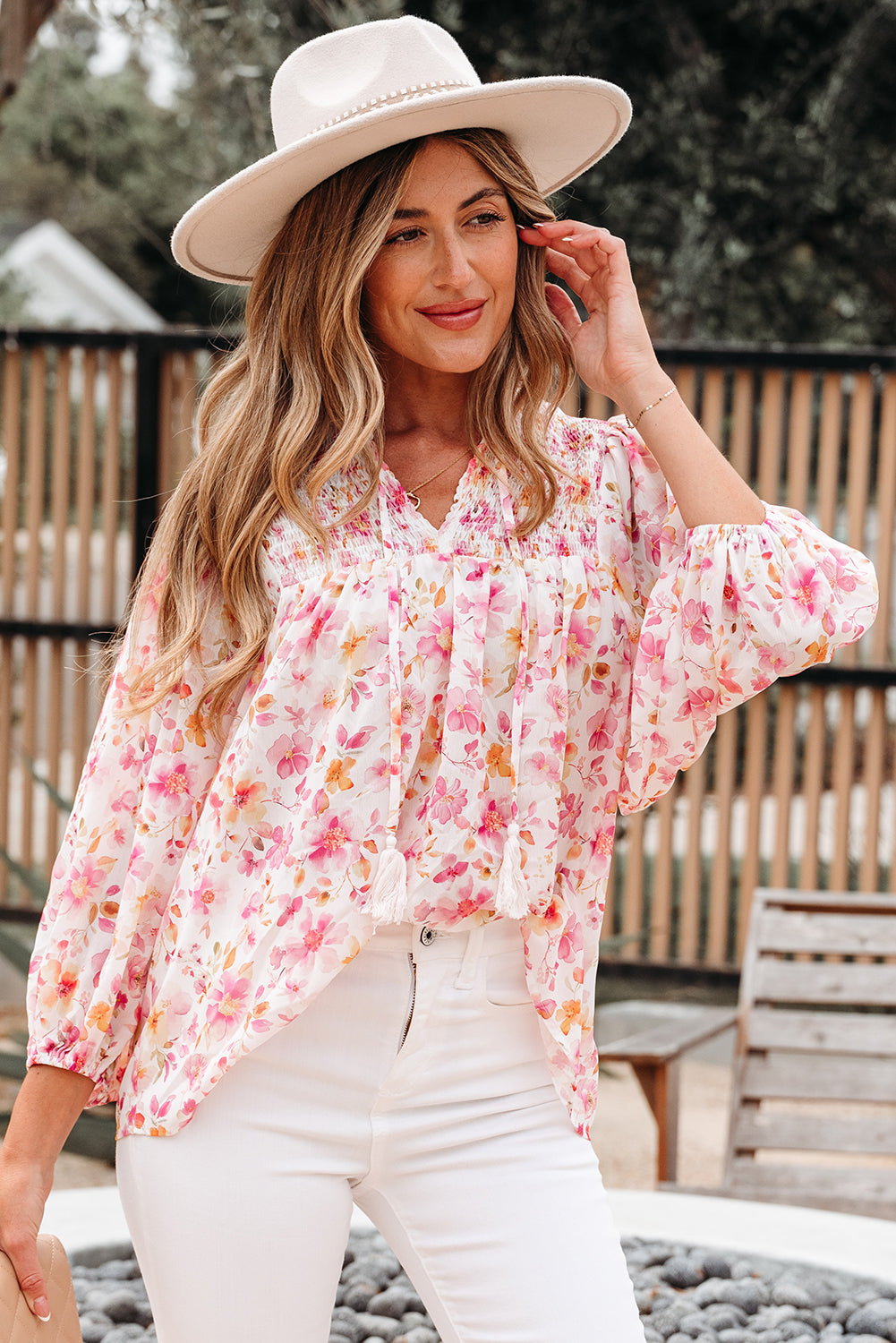 Pink Floral Print Tassel Tie Smocked V Neck Puff Sleeve Tunic Blouse-Tops/Blouses & Shirts-[Adult]-[Female]-2022 Online Blue Zone Planet