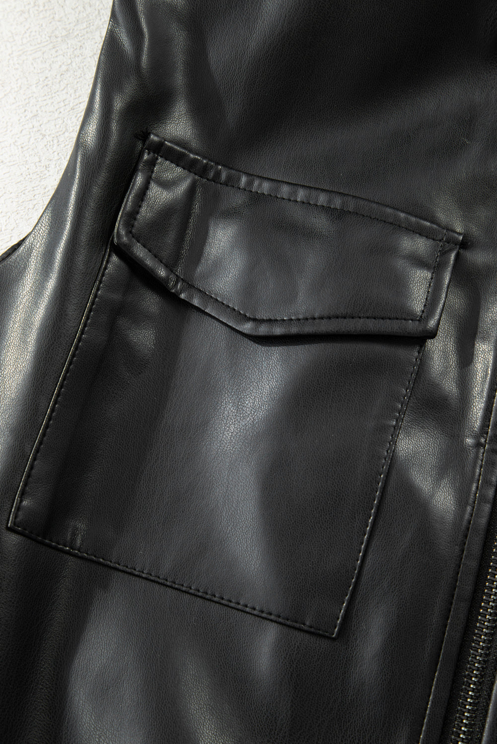Black Double Flap Pocket Faux Leather Zip Up Stand Neck Vest-Outerwear/Vests-[Adult]-[Female]-2022 Online Blue Zone Planet