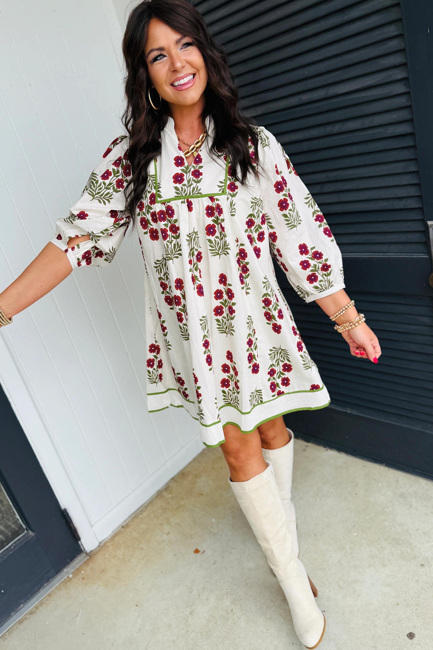 White Frilled V Neck 3/4 Sleeve Loose Floral Dress-TOPS / DRESSES-[Adult]-[Female]-2022 Online Blue Zone Planet