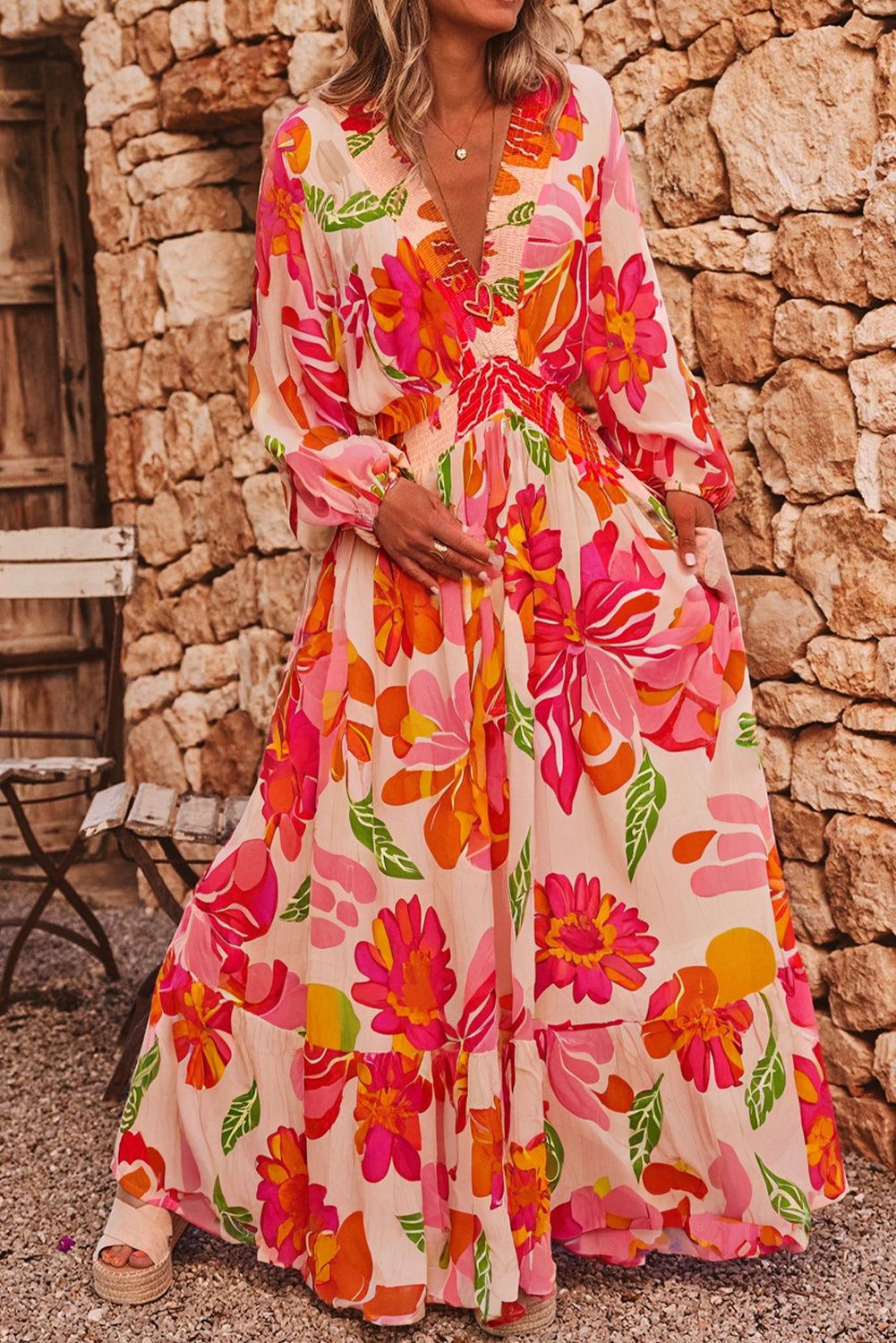Beige Floral Print Smocked Detail V Neck Puff Sleeve Flowy Maxi Dress-TOPS / DRESSES-[Adult]-[Female]-Beige-S-2022 Online Blue Zone Planet