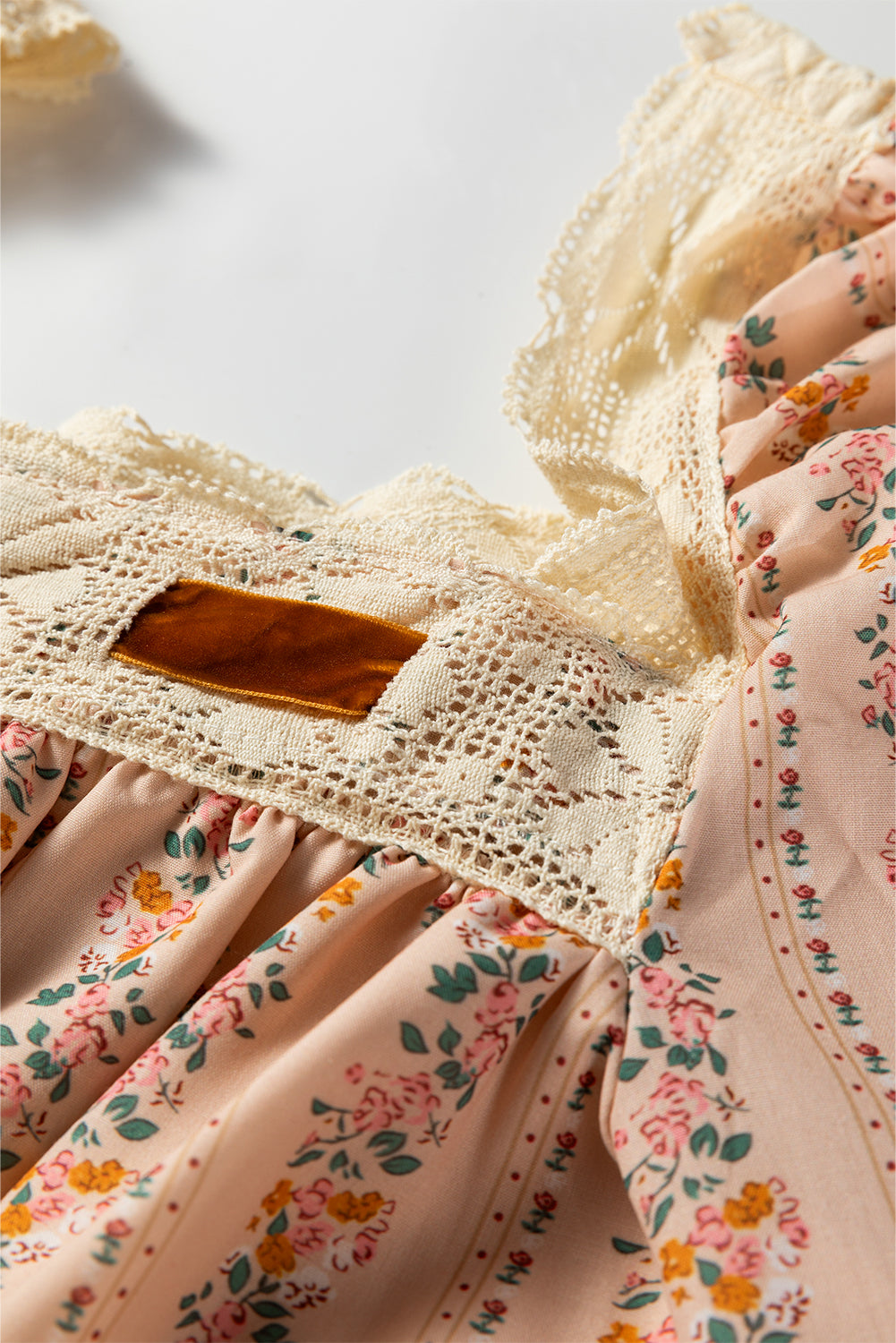 Khaki Floral Print Contrast Velvet Bow Lace Patchwork Long Sleeve Loose Mini Dress-TOPS / DRESSES-[Adult]-[Female]-2022 Online Blue Zone Planet