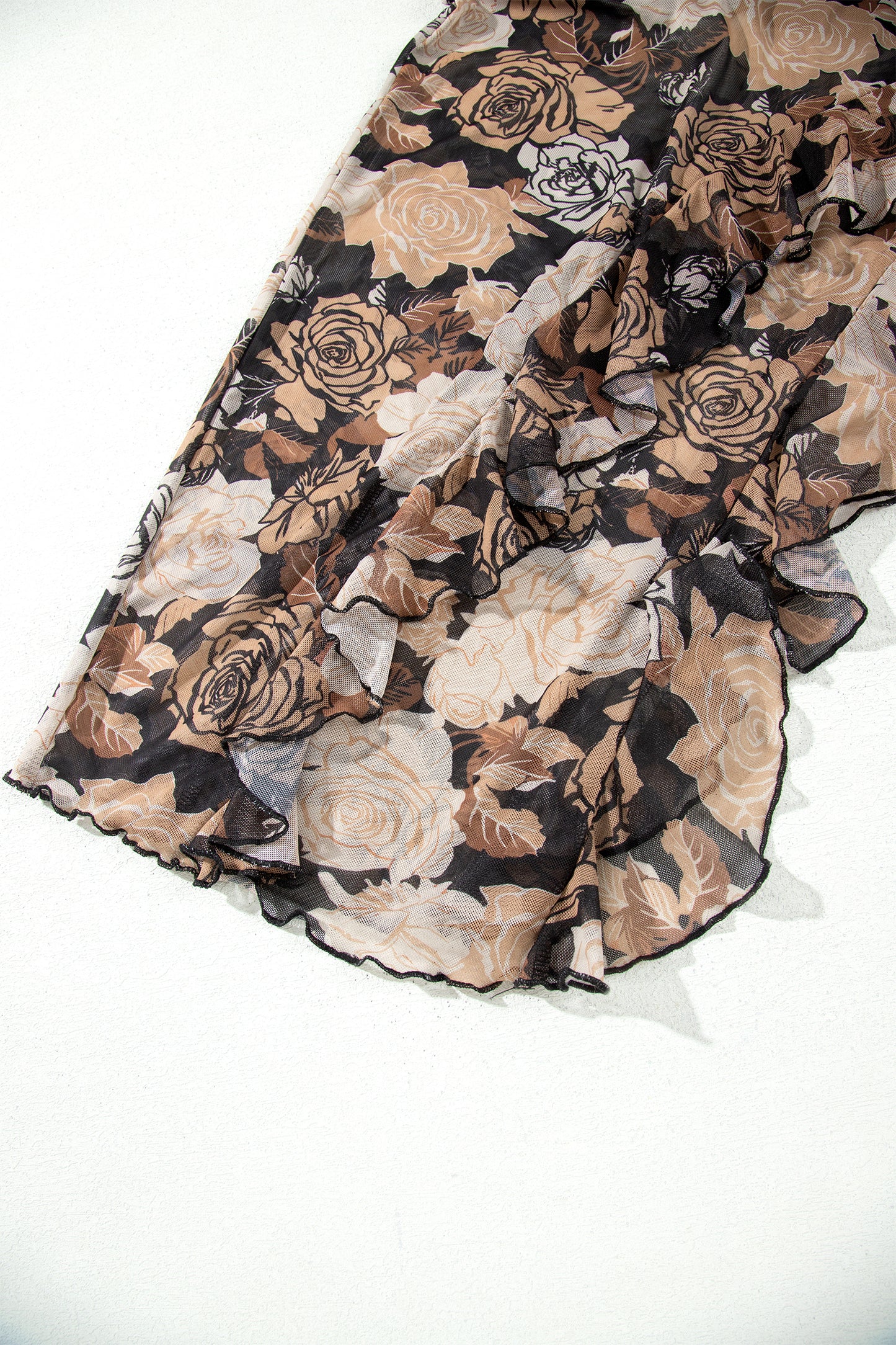 Black Floral Long Sleeve Asymmetric Ruffle Split Hem Mesh Dress-TOPS / DRESSES-[Adult]-[Female]-2022 Online Blue Zone Planet