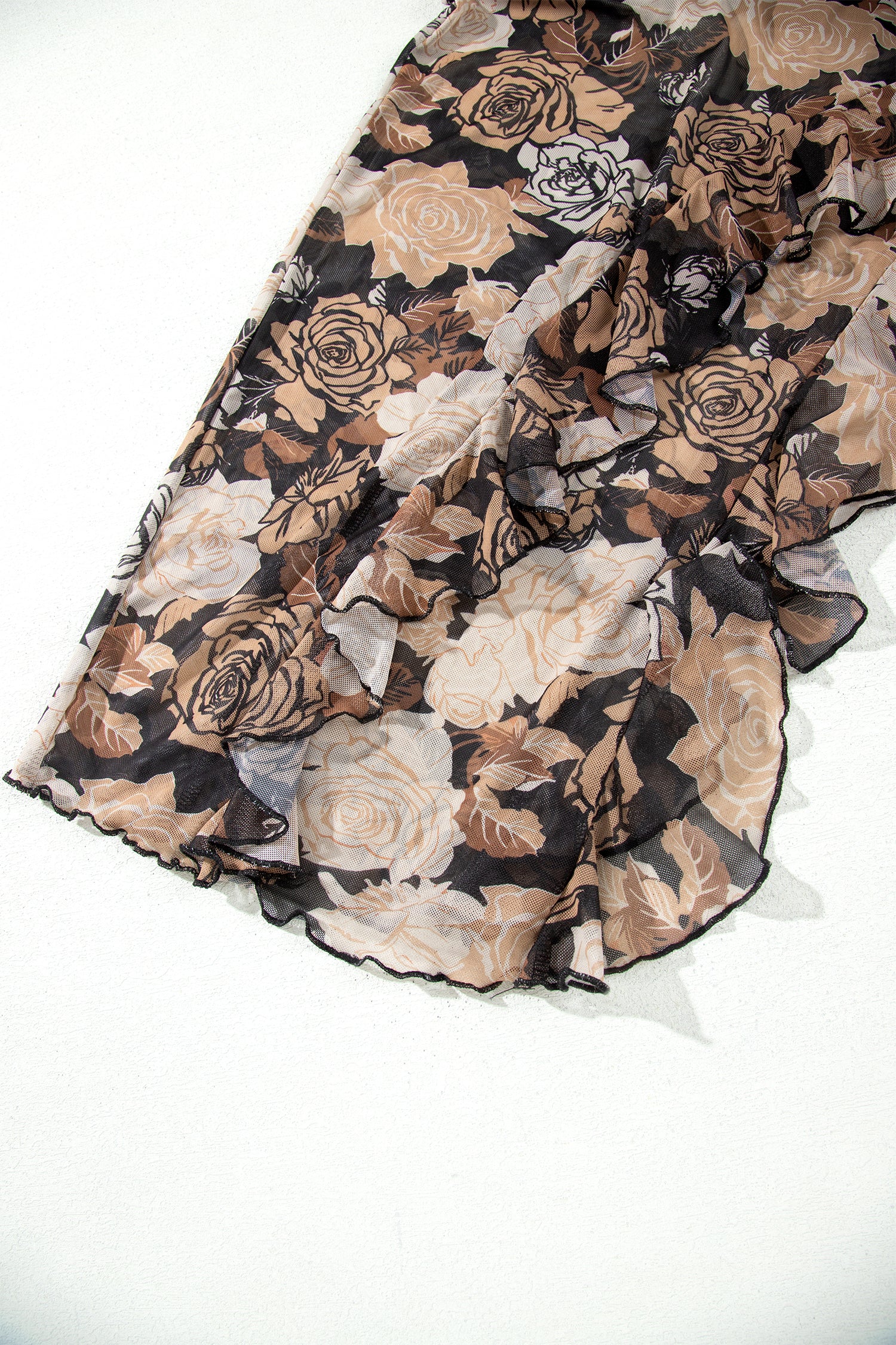Black Floral Long Sleeve Asymmetric Ruffle Split Hem Mesh Dress-TOPS / DRESSES-[Adult]-[Female]-2022 Online Blue Zone Planet