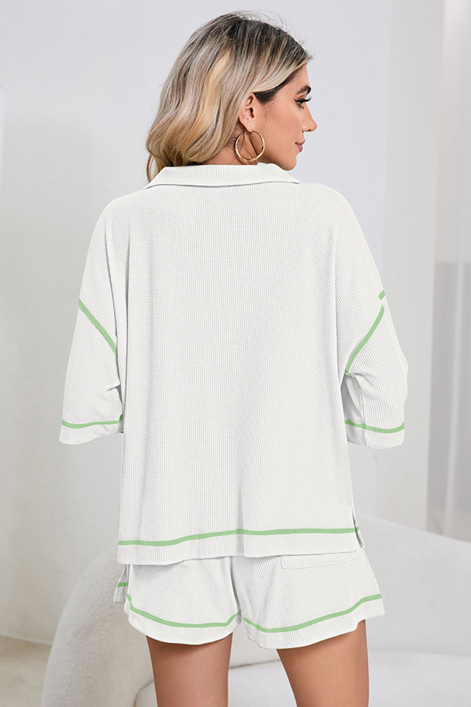 Pink Breathable Waffle Color Block Trim 2pcs Casual Short Set-Two Piece Sets/Short Sets-[Adult]-[Female]-2022 Online Blue Zone Planet