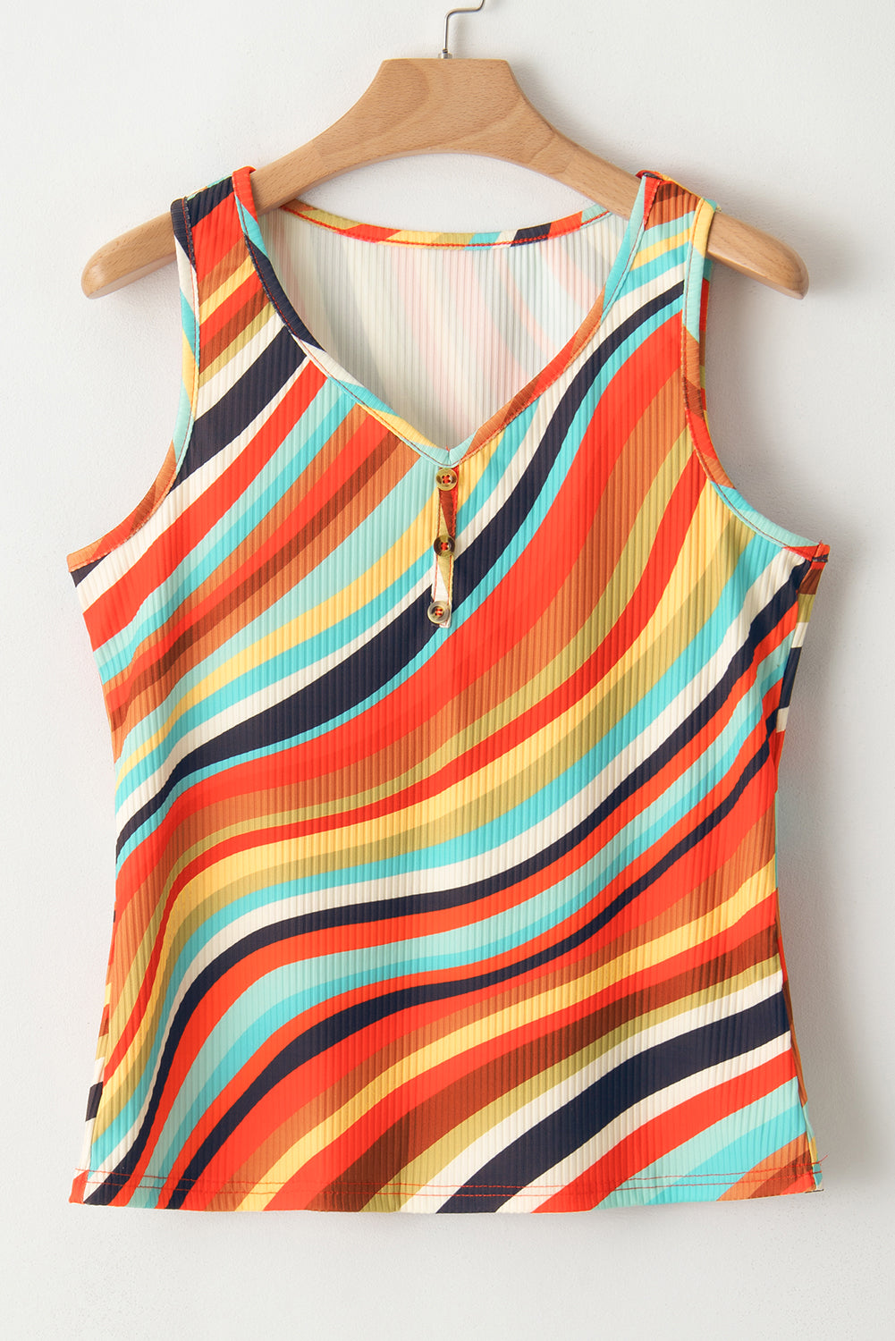 Multicolour Wavy Striped Buttoned V Neck Tank Top-Tops/Tank Tops-[Adult]-[Female]-2022 Online Blue Zone Planet