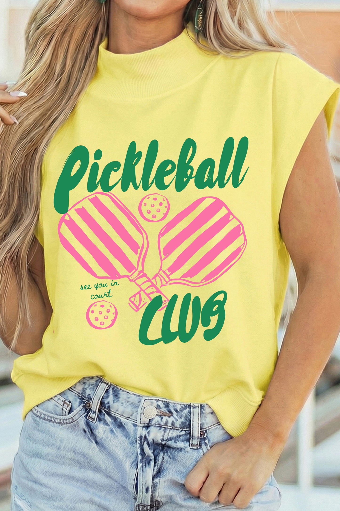 Yellow Pickleball Club Game Day Graphic Mock Neck Top-Graphic/Graphic Tees-[Adult]-[Female]-2022 Online Blue Zone Planet