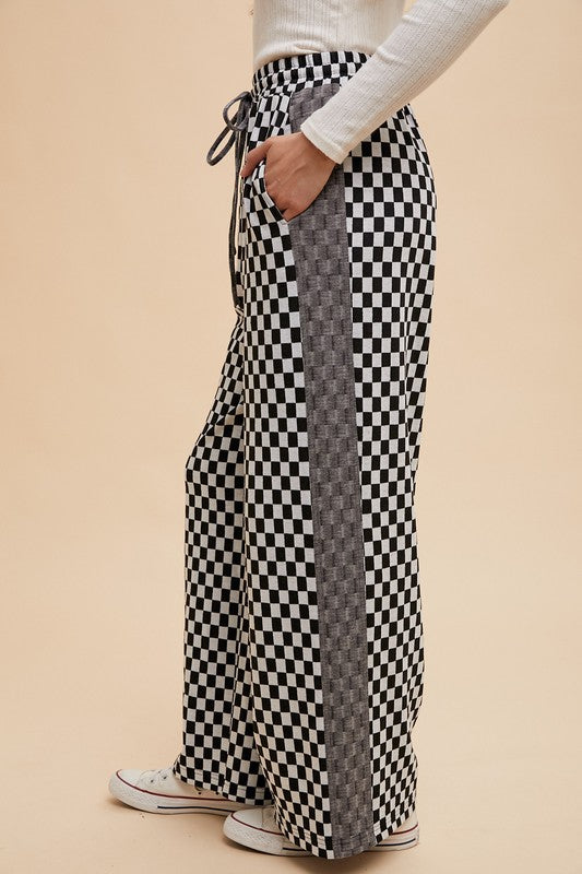 Annie Wear Drawstring Checkered Wide Leg Pants-BOTTOM SIZES SMALL MEDIUM LARGE-[Adult]-[Female]-2022 Online Blue Zone Planet