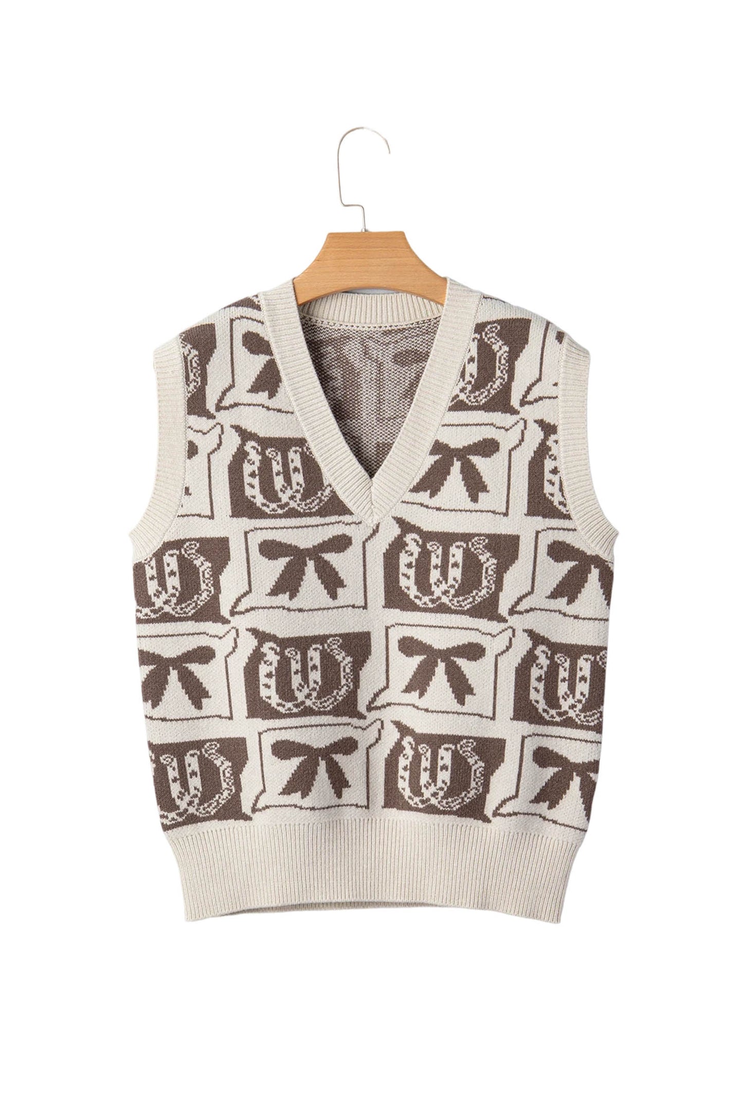 Brown Western Horseshoe Bow Printed V Neck Loose Sweater Vest-TOPS / DRESSES-[Adult]-[Female]-2022 Online Blue Zone Planet