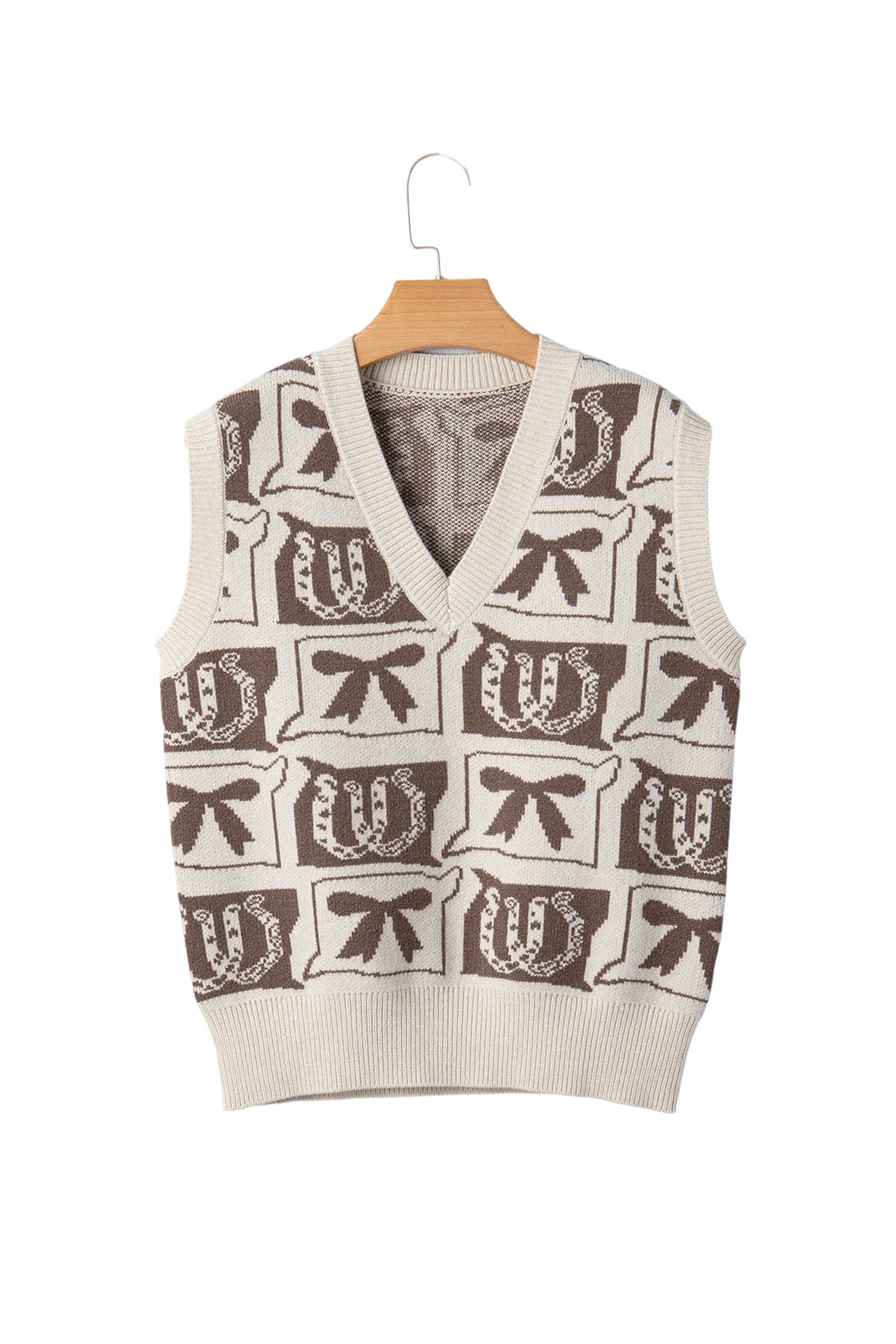 Brown Western Horseshoe Bow Printed V Neck Loose Sweater Vest-TOPS / DRESSES-[Adult]-[Female]-2022 Online Blue Zone Planet