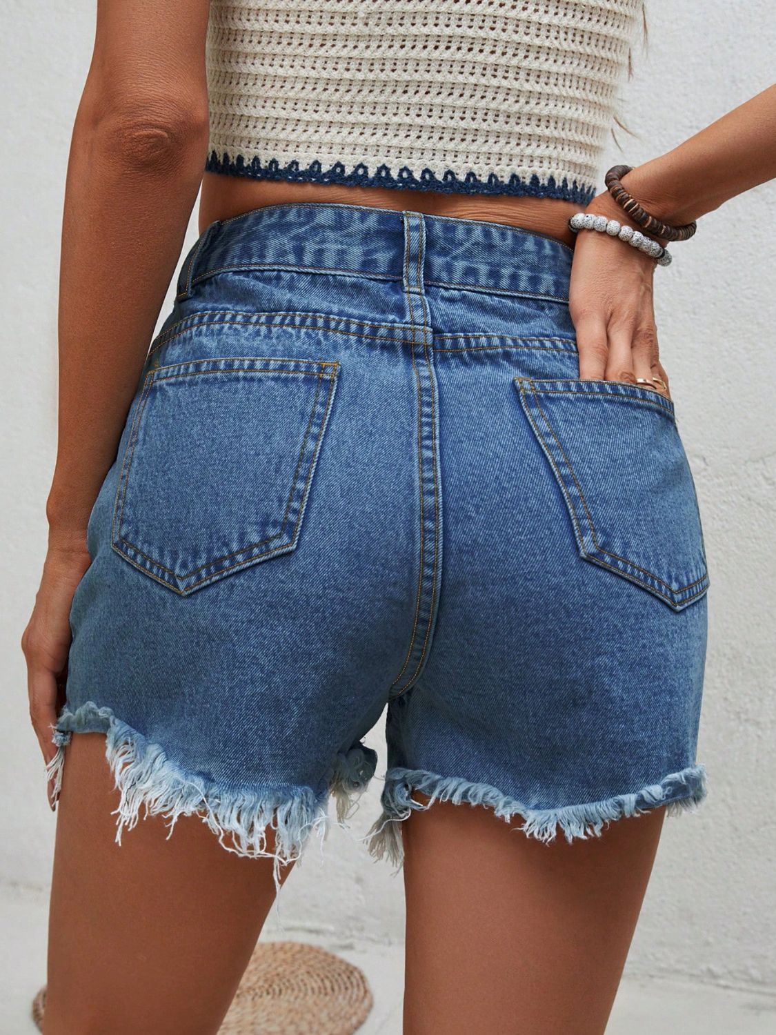 Distressed Raw Hem Denim Shorts-BOTTOMS SIZES SMALL MEDIUM LARGE-[Adult]-[Female]-2022 Online Blue Zone Planet