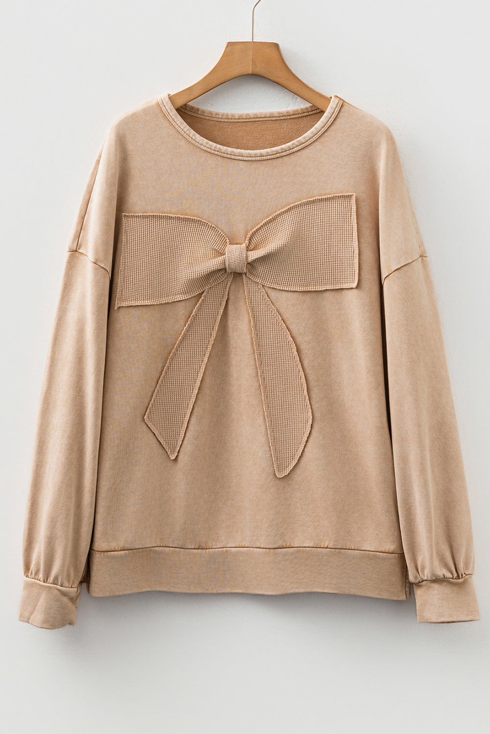 Light French Beige Mineral Wash Big Bow Patchwork Pullover Sweatshirt-Tops/Sweatshirts & Hoodies-[Adult]-[Female]-2022 Online Blue Zone Planet