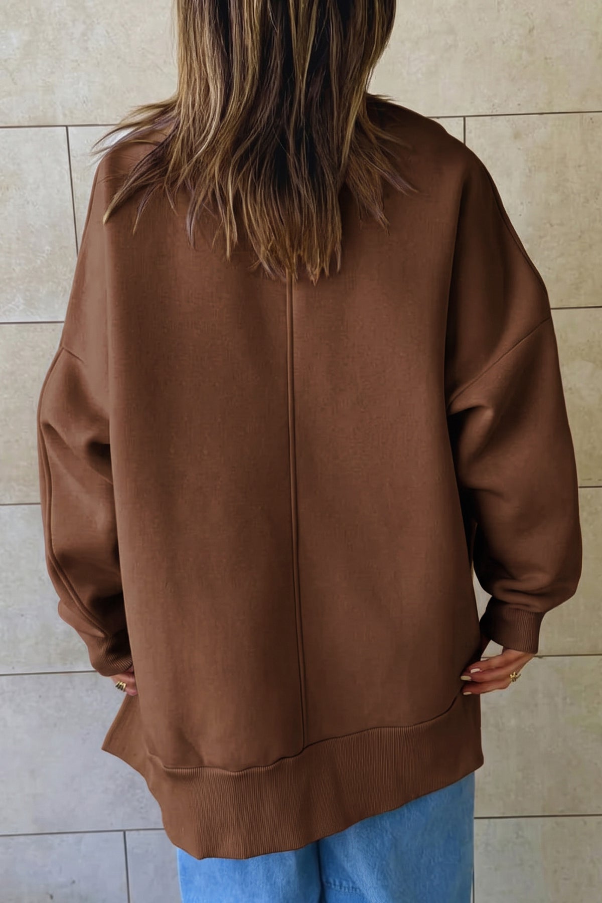 Coffee Solid Color Oversized Mock Neck Split Hem Tunic Sweatshirt