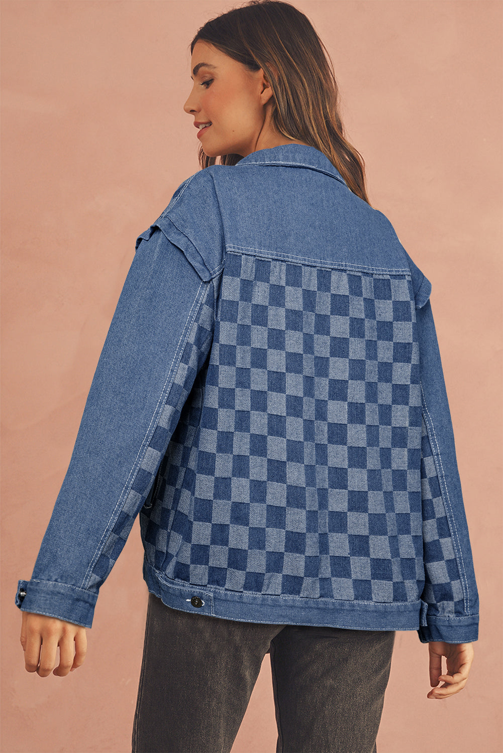 Ashleigh Blue Checkered Patchwork Button Up Denim Jacket-Jackets-[Adult]-[Female]-2022 Online Blue Zone Planet