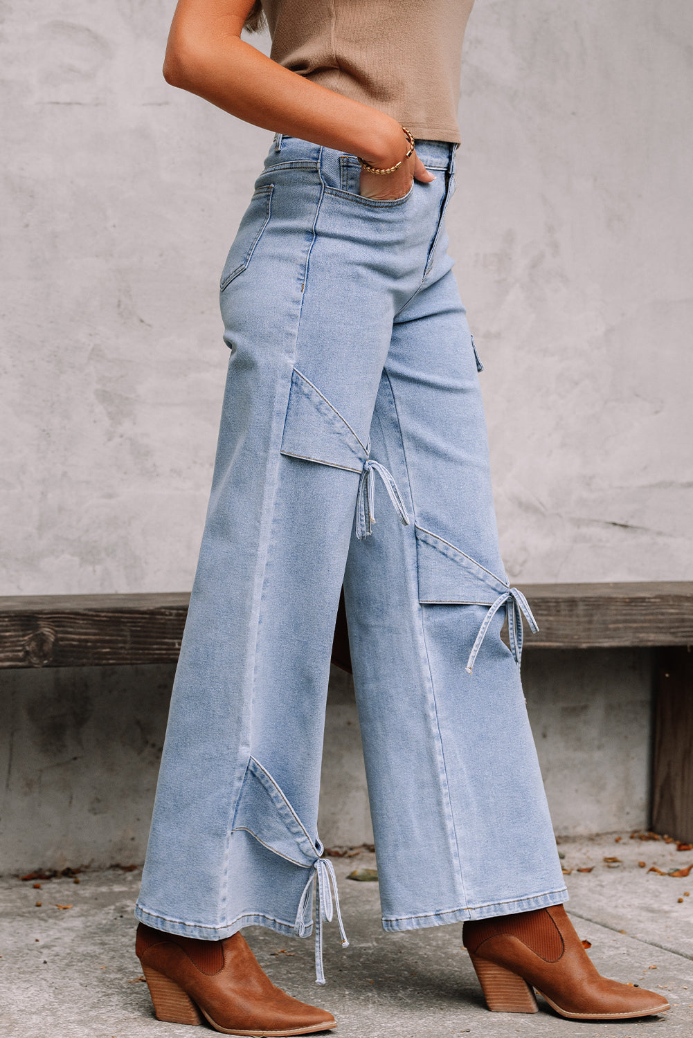 Beau Blue Bowknot Decor Boyfriend Cargo Jeans-Bottoms/Jeans-[Adult]-[Female]-2022 Online Blue Zone Planet