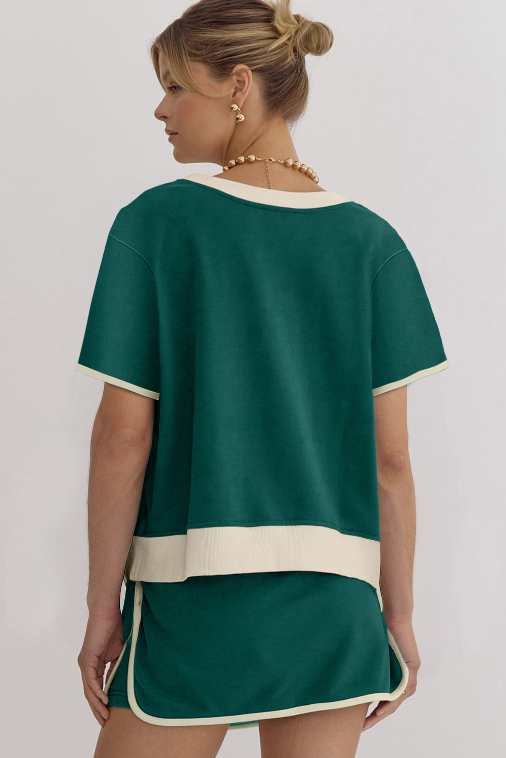Evergreen Colorblock Edge Drop Shoulder T Shirt and Skirt 2Pcs Set-Two Piece Sets/Two Piece Dresses-[Adult]-[Female]-2022 Online Blue Zone Planet