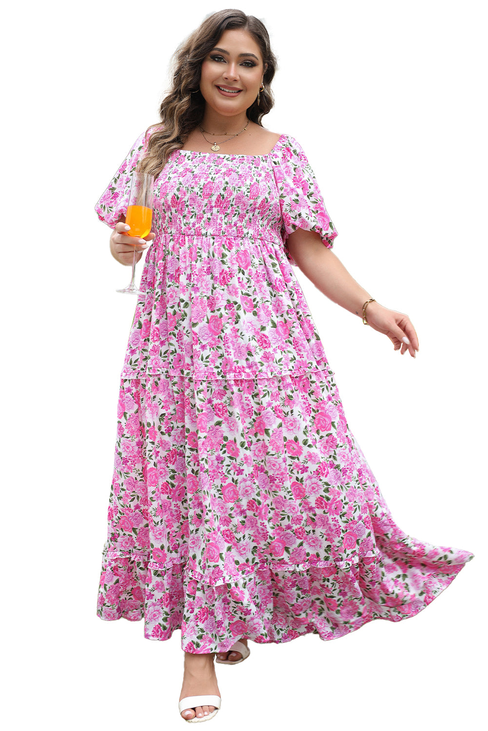 Blue Zone Planet | Pink Plus Size Floral Print Smocked Puff Sleeve Dress-TOPS / DRESSES-[Adult]-[Female]-2022 Online Blue Zone Planet