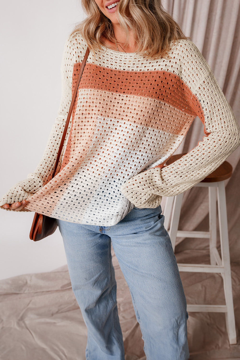 Apricot Pointelle Knit Colorblock Baggy Sweater-Sale (50% OFF)/30% OFF-[Adult]-[Female]-2022 Online Blue Zone Planet