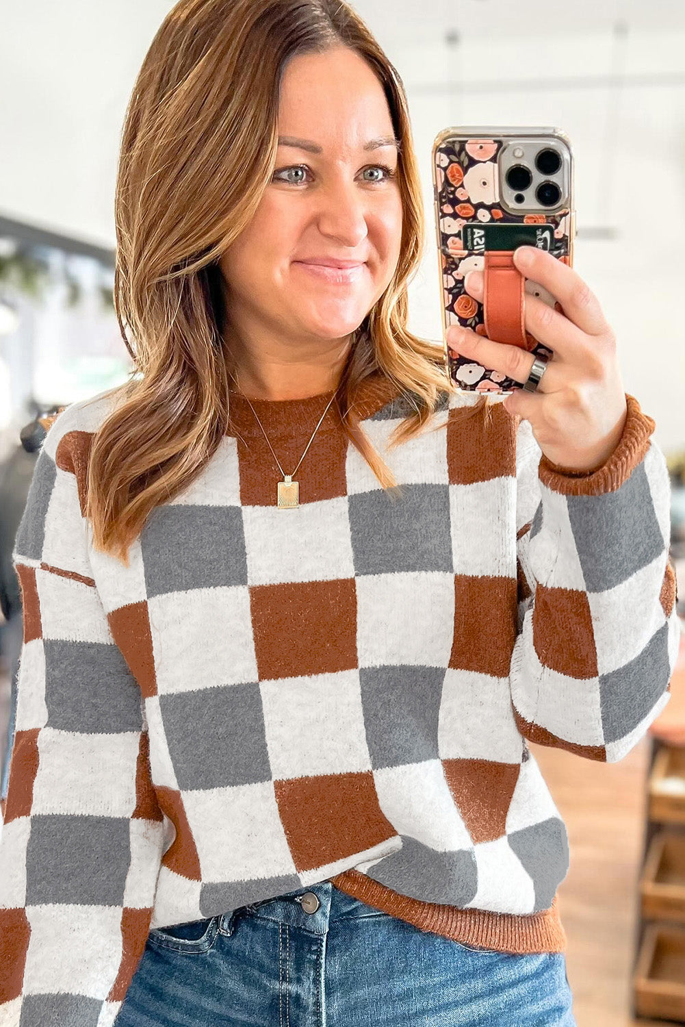 Brown Plus Size Checkered Crewneck Sweater-Plus Size/Plus Size Sweaters & Cardigans-[Adult]-[Female]-2022 Online Blue Zone Planet