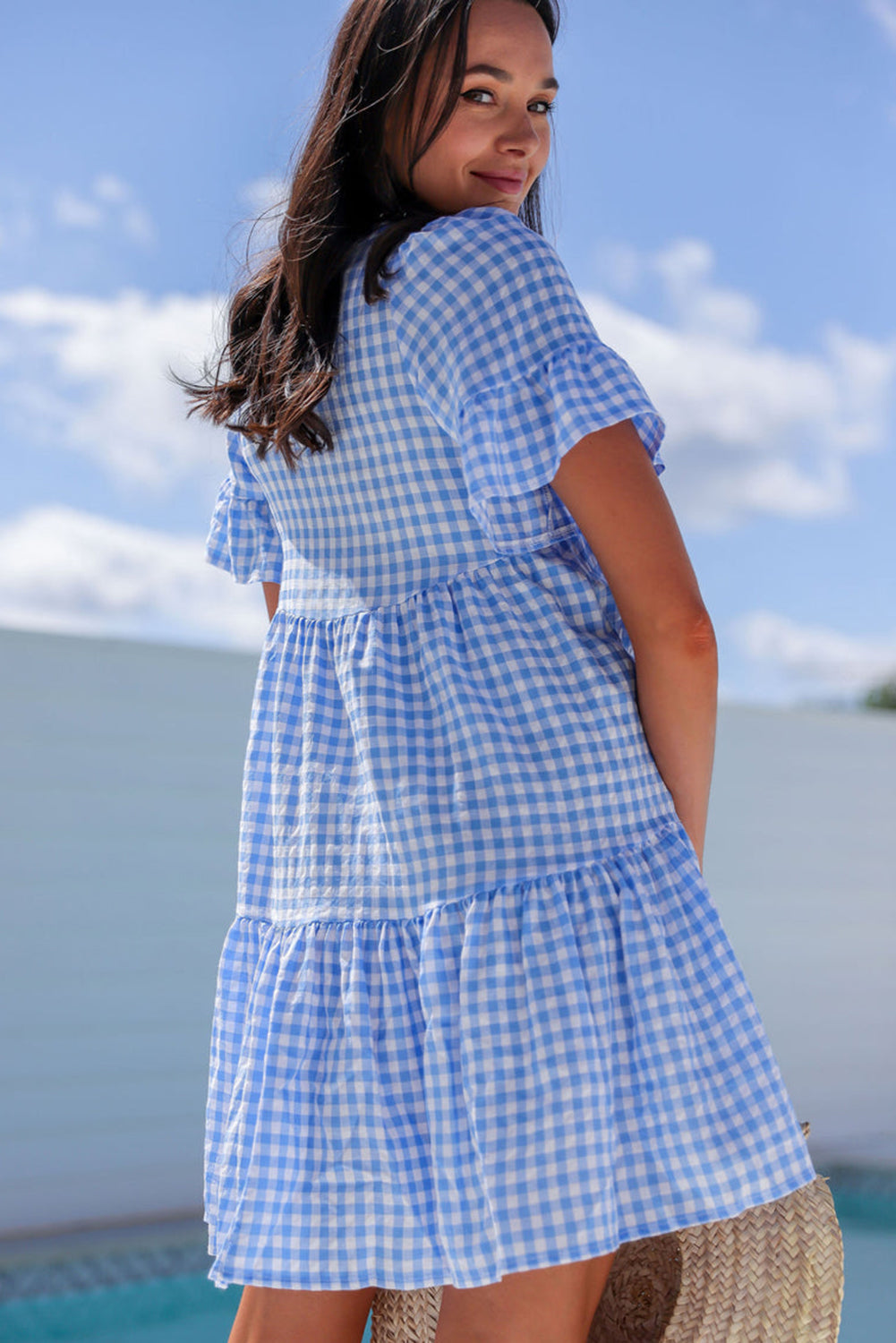 Sky Blue Gingham Short Sleeve Button Tie Split Neck Loose Mini Dress-TOPS / DRESSES-[Adult]-[Female]-2022 Online Blue Zone Planet