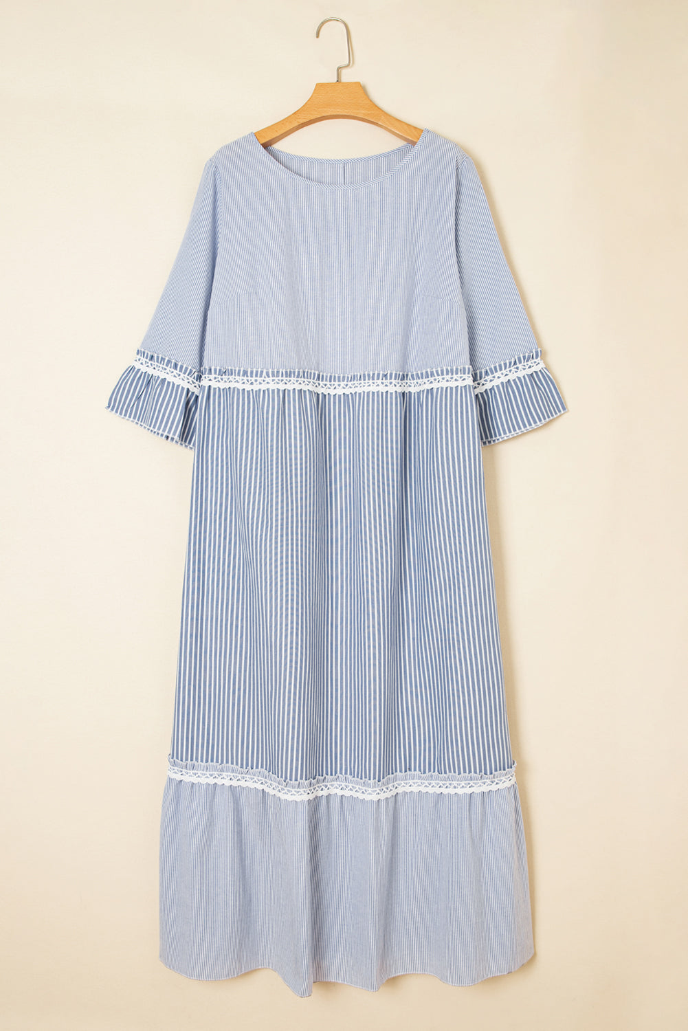 Sky Blue Stripe Crisscross Lace Detail Mixed Striped Patchwork Plus Size Shift Long Dress-Plus Size/Plus Size Dresses/Plus Size Maxi Dresses-[Adult]-[Female]-2022 Online Blue Zone Planet