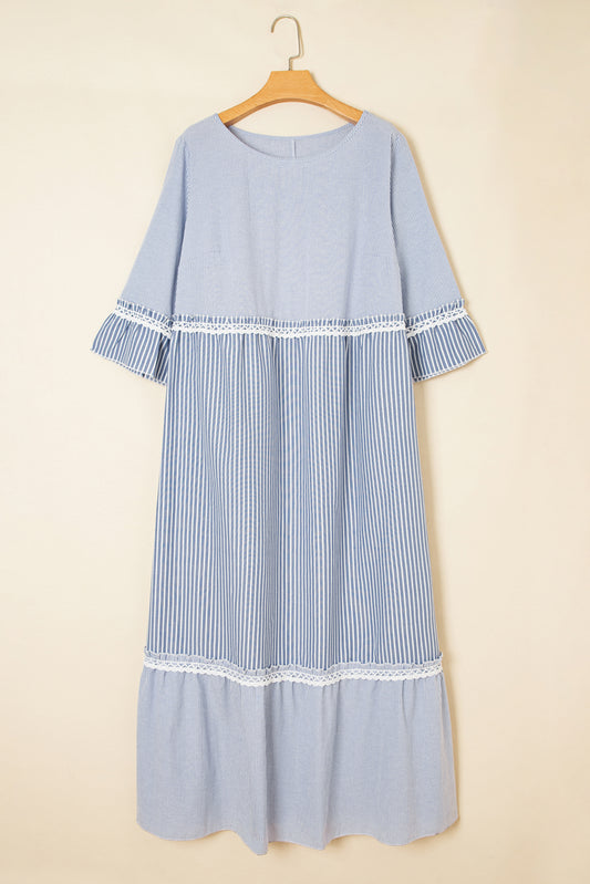 Sky Blue Stripe Crisscross Lace Detail Mixed Striped Patchwork Plus Size Shift Long Dress-Plus Size/Plus Size Dresses/Plus Size Maxi Dresses-[Adult]-[Female]-2022 Online Blue Zone Planet