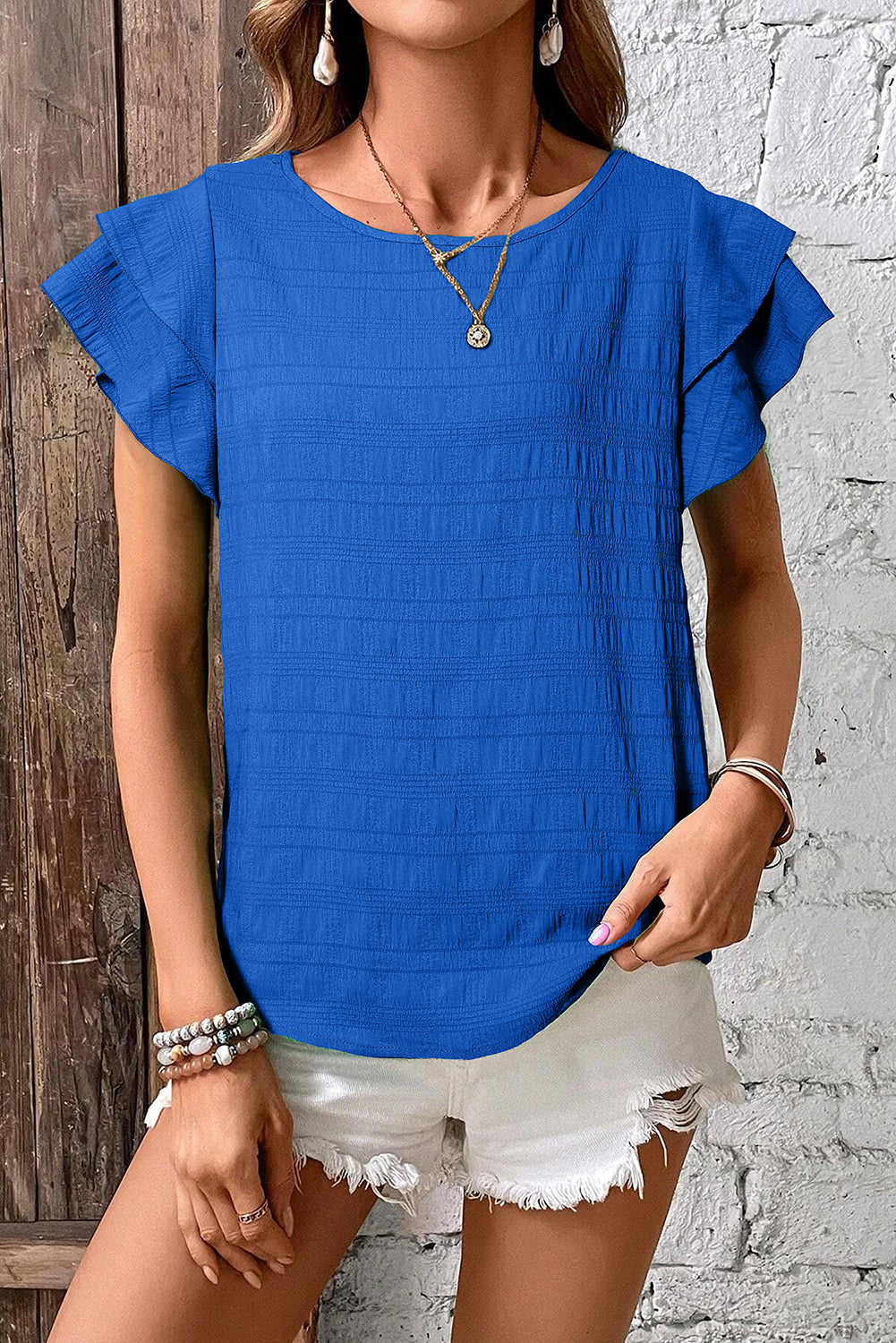 Dark Blue Textured Ruffled Sleeve Round Neck Top-Tops/Tops & Tees-[Adult]-[Female]-2022 Online Blue Zone Planet