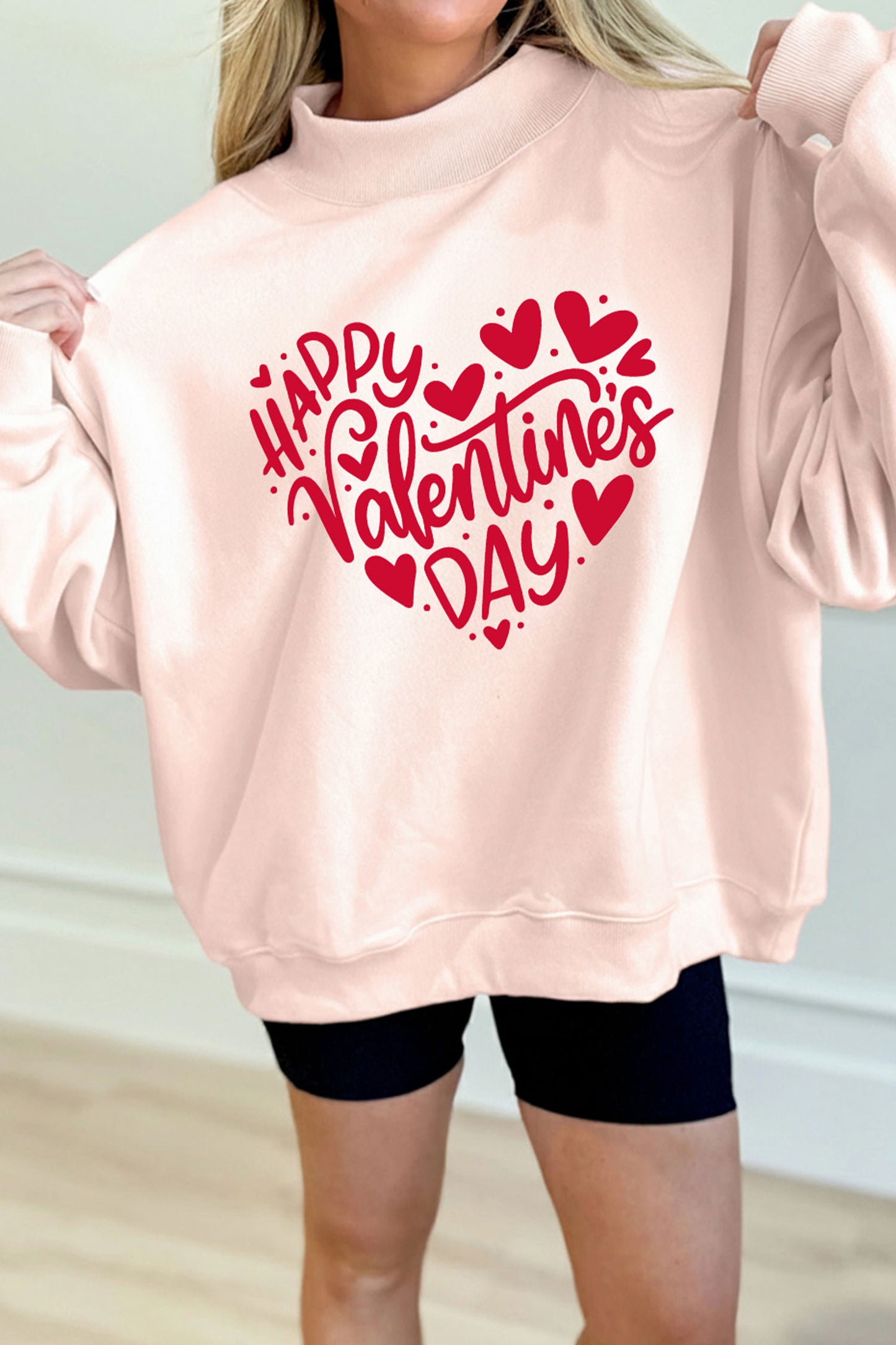 Apricot Pink HAPPY VALENTINES DAY Heart-shaped Graphic Mock Neck Sweatshirt-Graphic Sweatshirts-[Adult]-[Female]-Apricot Pink-L-2022 Online Blue Zone Planet