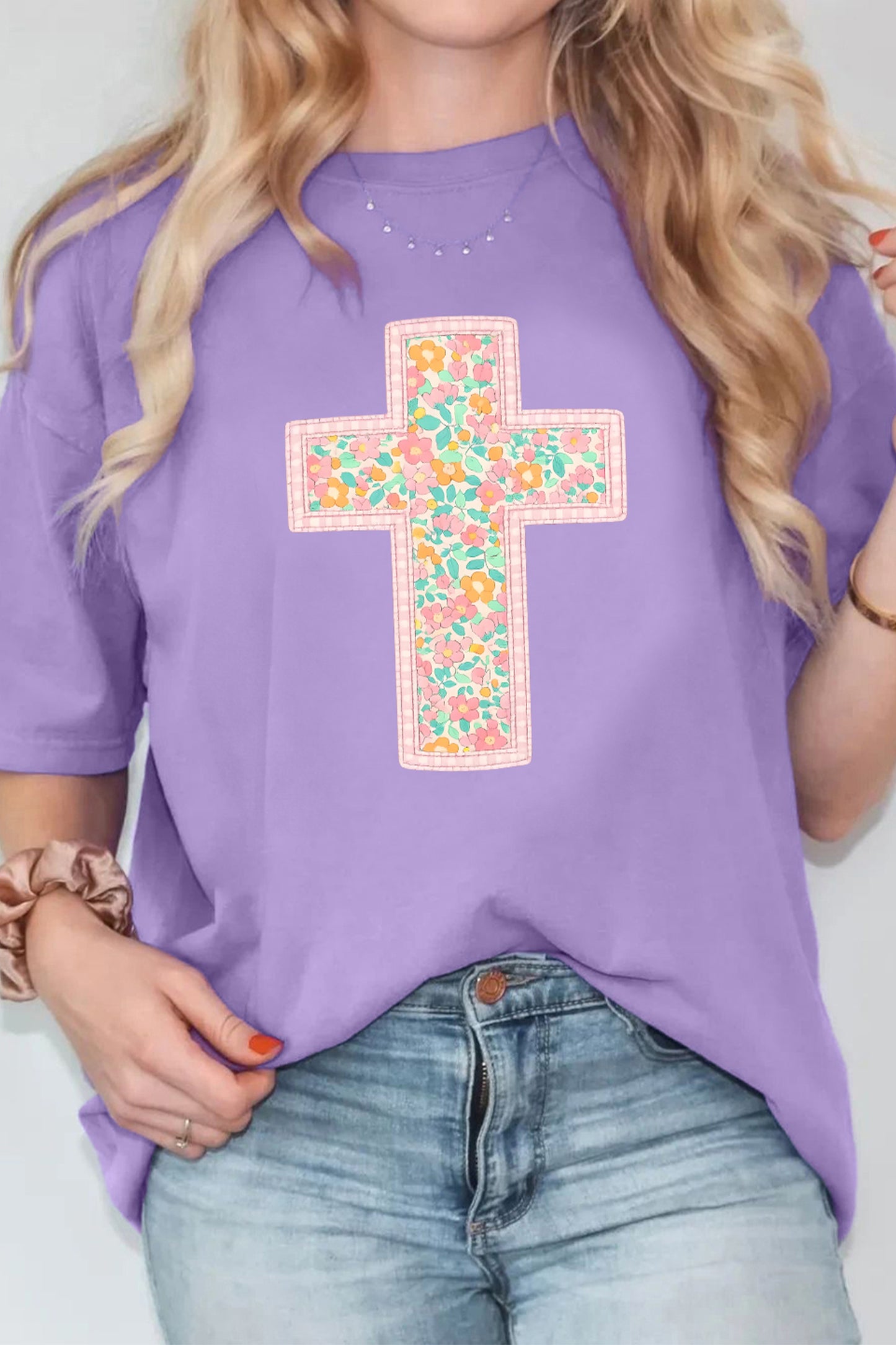 Wisteria Easter Floral Cross Christian Casual Tee-Graphic/Graphic Tees-[Adult]-[Female]-2022 Online Blue Zone Planet