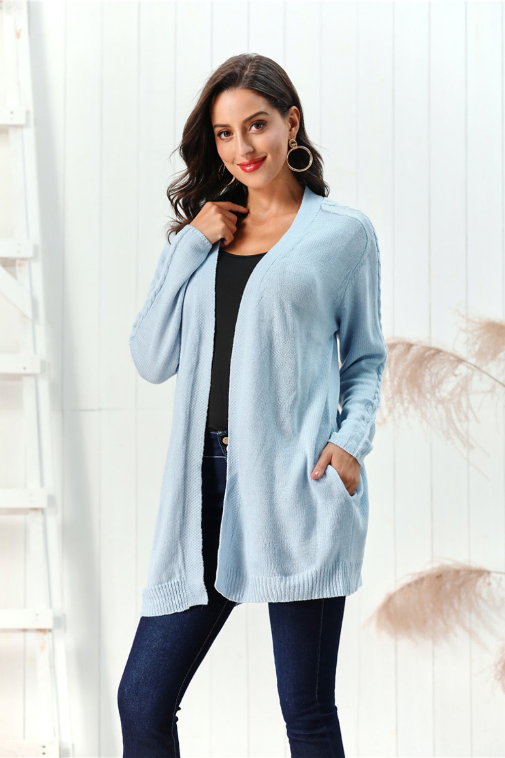 Cable-Knit Open Front Long Sleeve Cardigan-NEW ARRIVALS-[Adult]-[Female]-2022 Online Blue Zone Planet