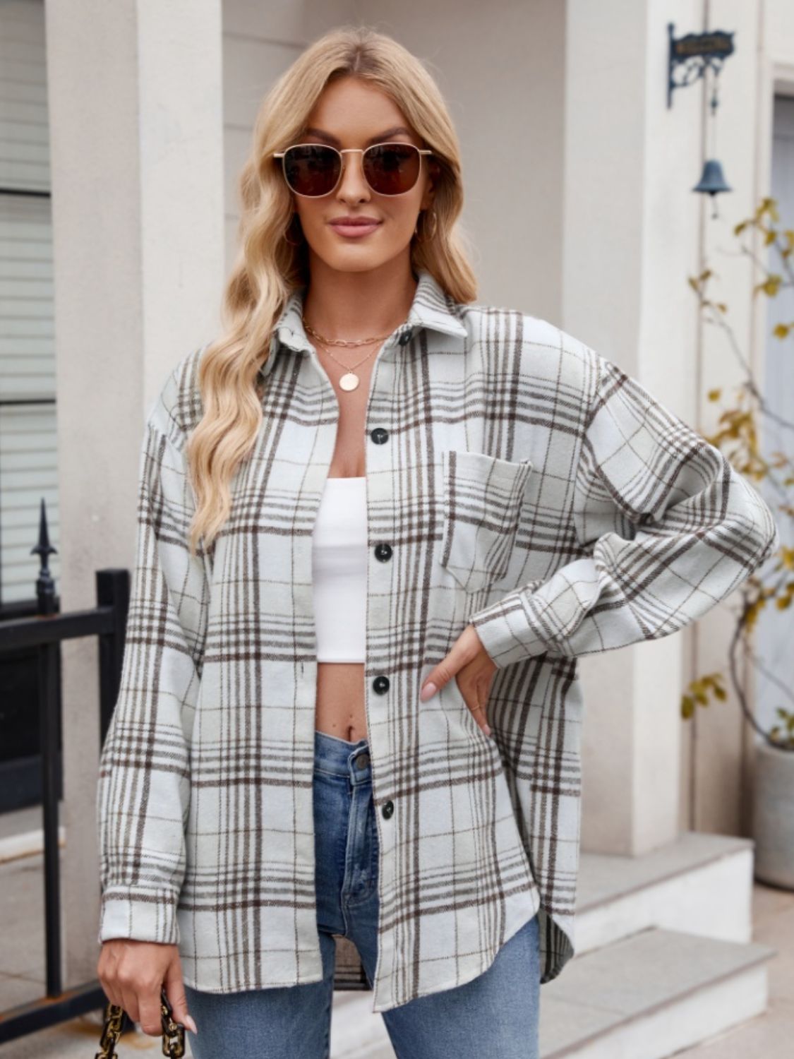 Mandy Pocketed Plaid Collared Neck Long Sleeve Shirt-TOPS / DRESSES-[Adult]-[Female]-2022 Online Blue Zone Planet