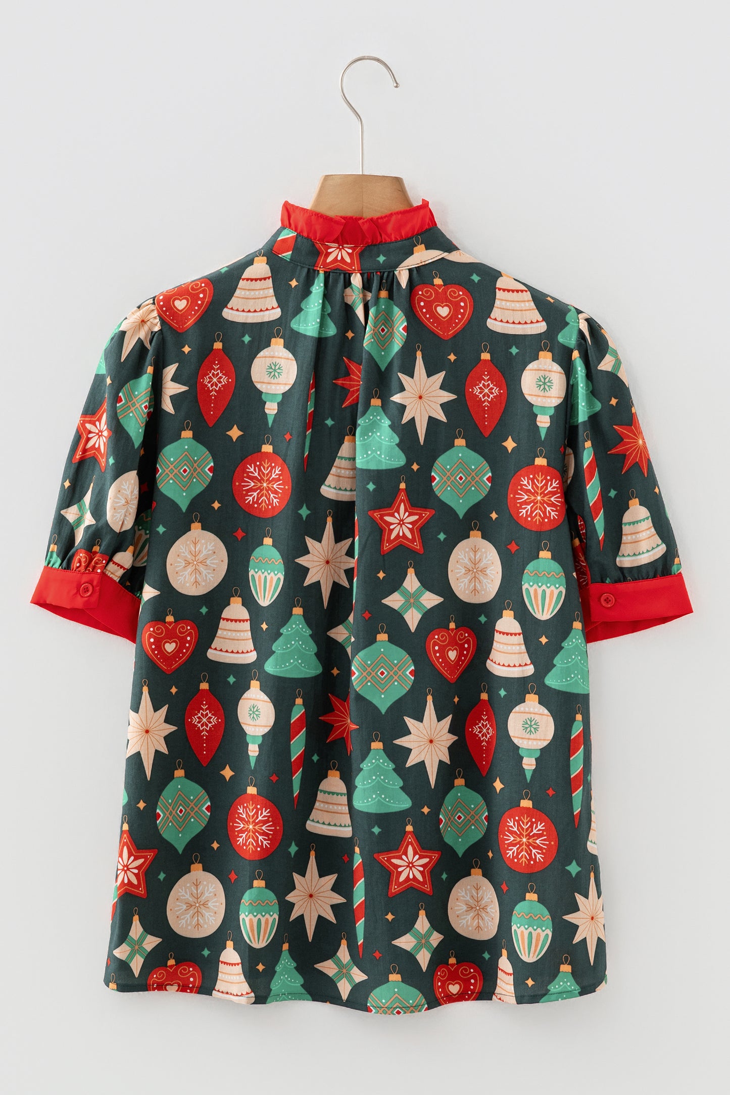 Green Christmas Fashion Print Contrast Trim Frilled Neck Short Sleeve Blouse-Tops/Blouses & Shirts-[Adult]-[Female]-2022 Online Blue Zone Planet