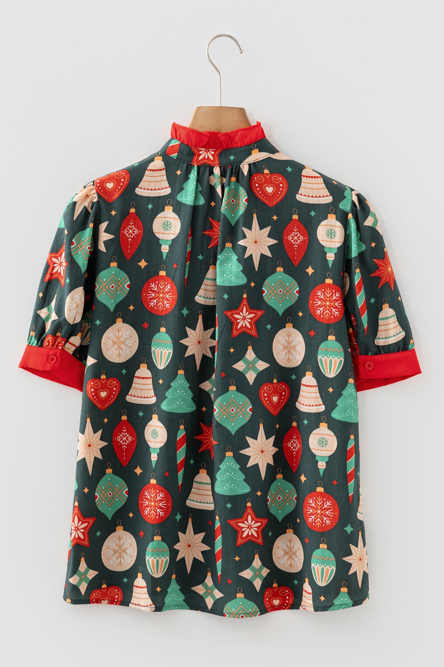 Green Christmas Fashion Print Contrast Trim Frilled Neck Short Sleeve Blouse-Tops/Blouses & Shirts-[Adult]-[Female]-2022 Online Blue Zone Planet