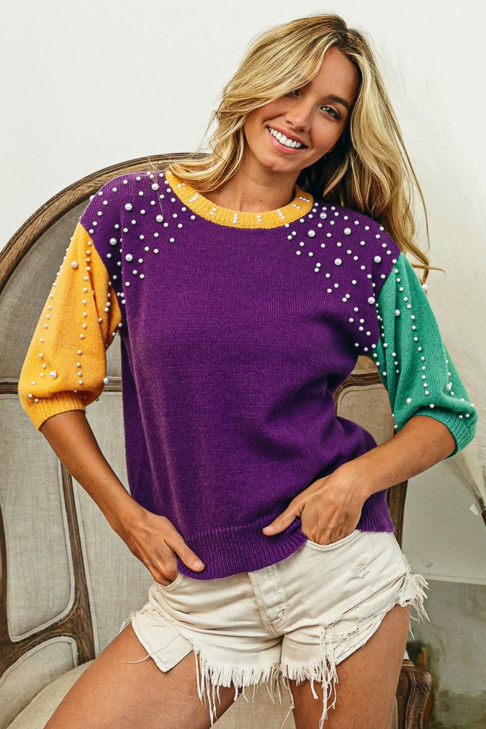 BiBi Color Block Pearl Detail Round Neck Sweater-TOPS / DRESSES-[Adult]-[Female]-2022 Online Blue Zone Planet