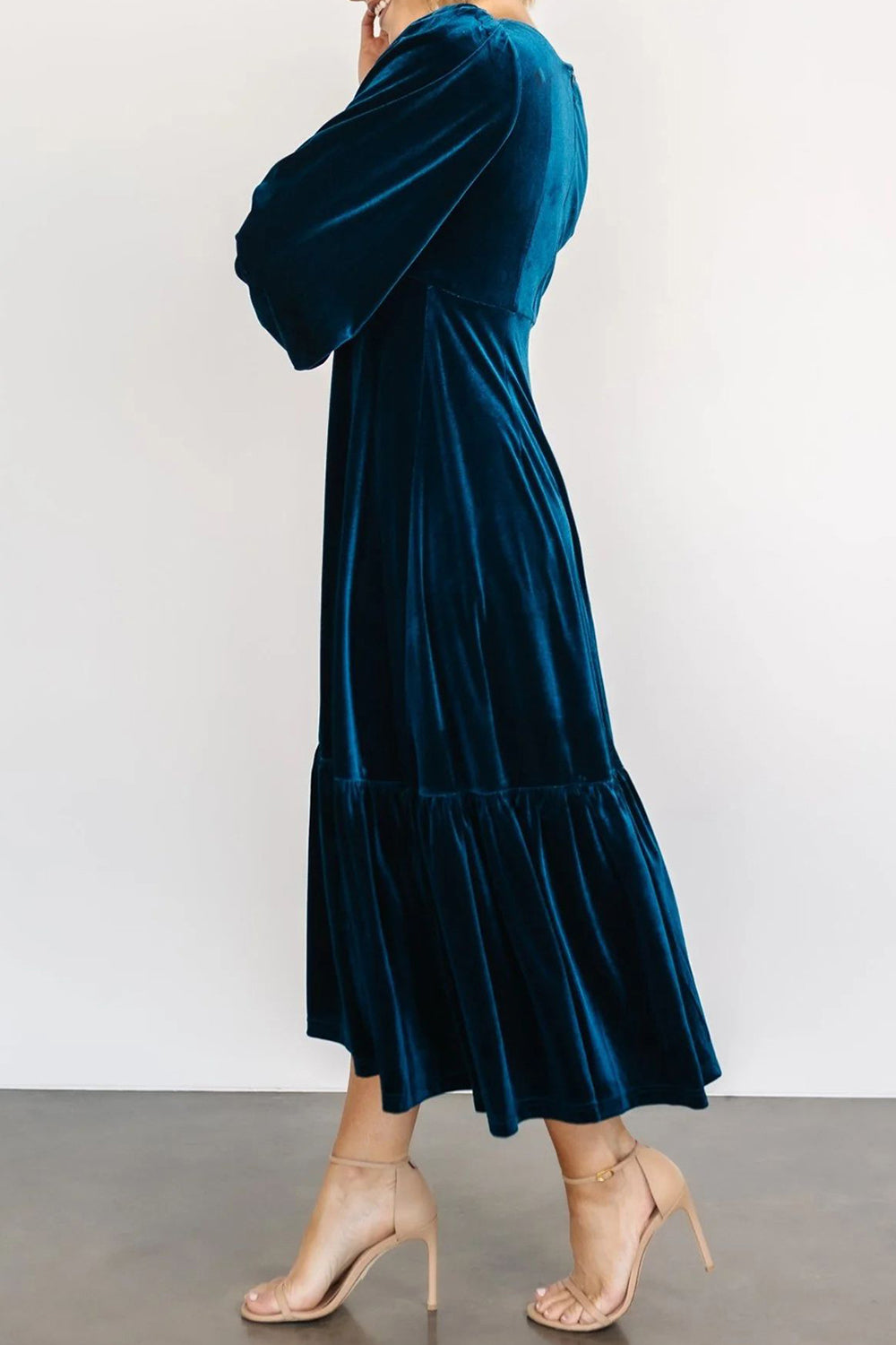 V-Neck Long Sleeve Midi Velvet Dress-TOPS / DRESSES-[Adult]-[Female]-2022 Online Blue Zone Planet