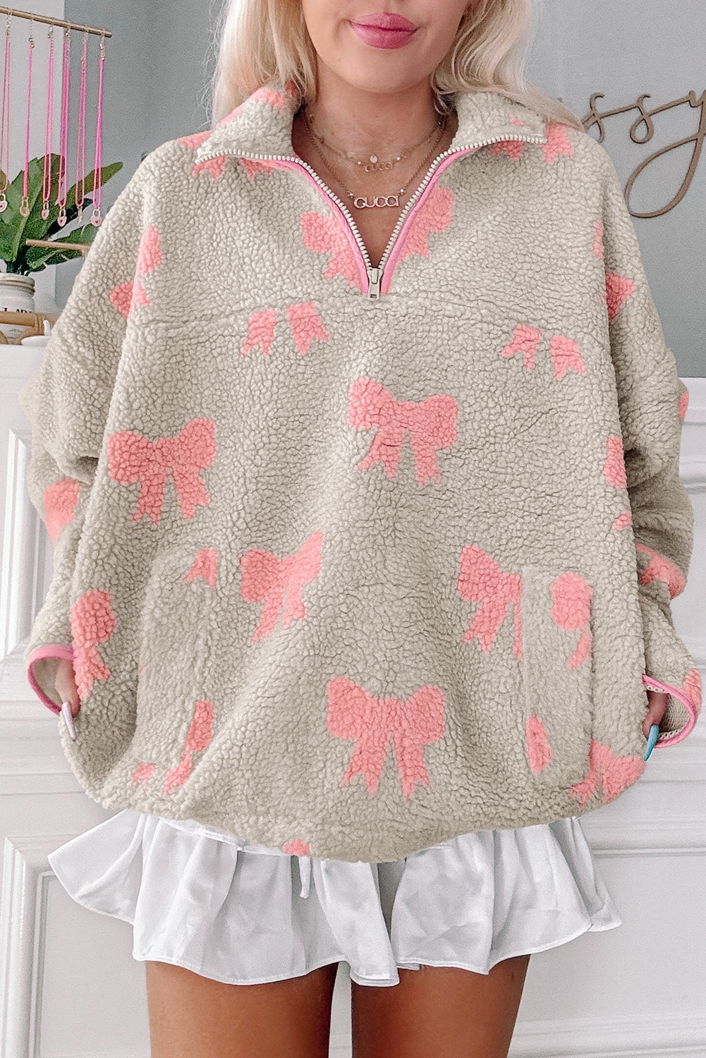 Gray Bow Sherpa Quarter Zip Drop Shoulder Baggy Sweatshirt-Tops/Sweatshirts & Hoodies-[Adult]-[Female]-2022 Online Blue Zone Planet