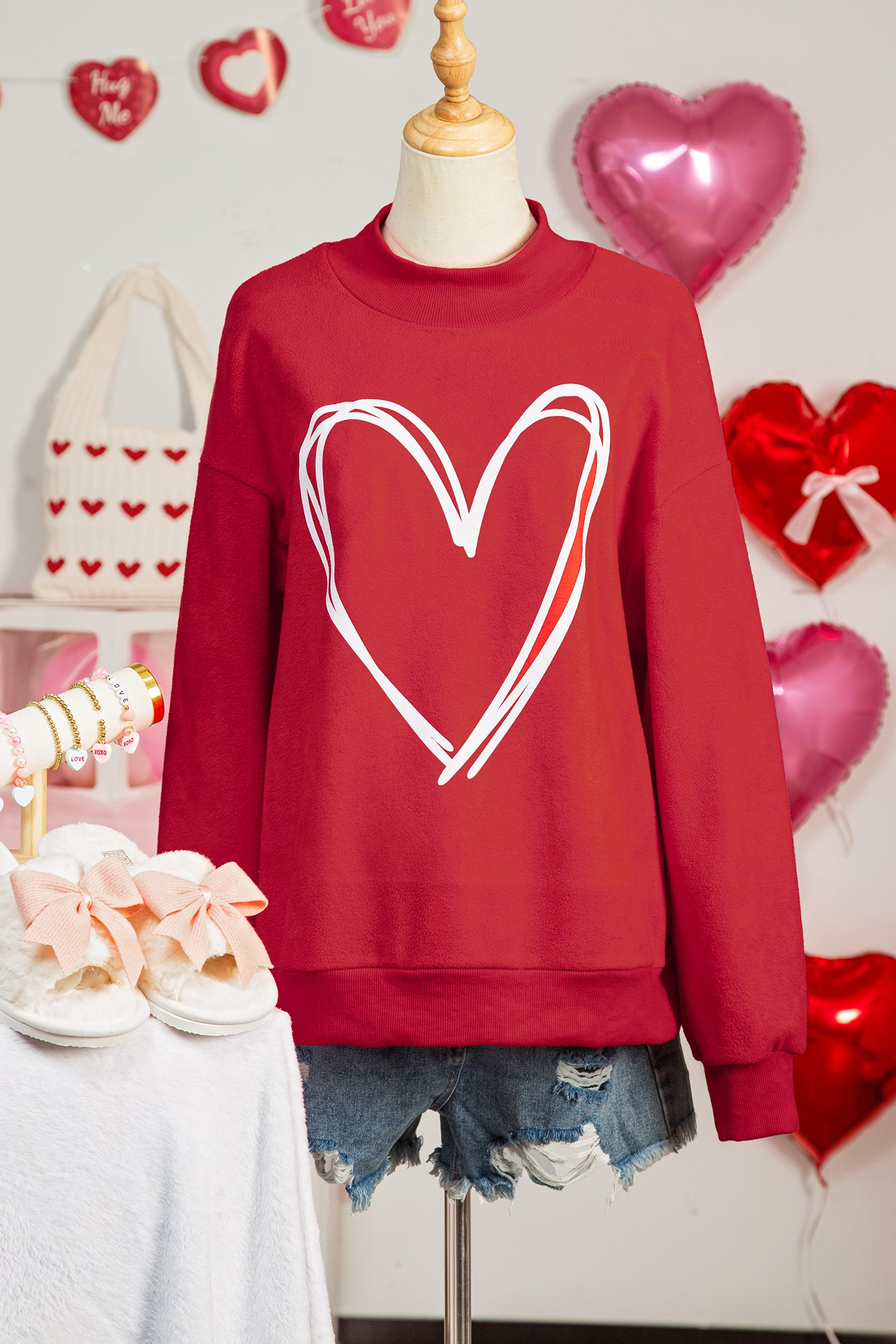 Racing Red Valentines Day Heart Love Script Reversible Printed Double Wear Mock Neck Sweatshirt-Graphic/Graphic Sweatshirts-[Adult]-[Female]-2022 Online Blue Zone Planet