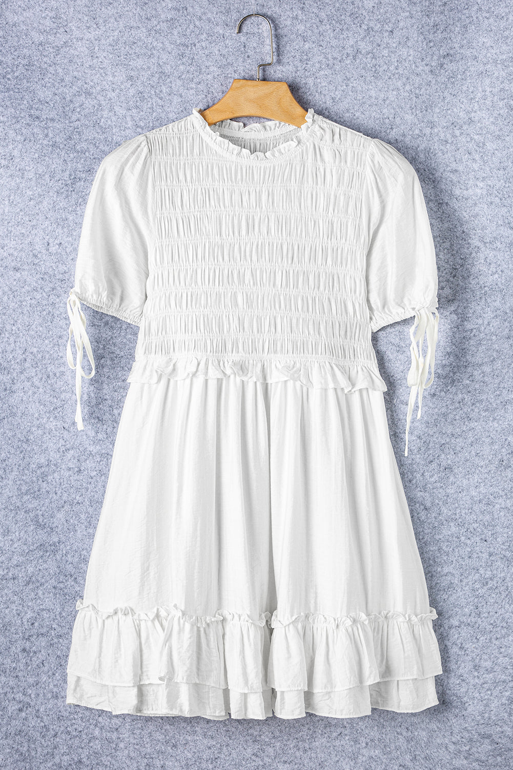 White Tie Short Sleeves Smocked Ruffle Mini Dress Blue Zone Planet