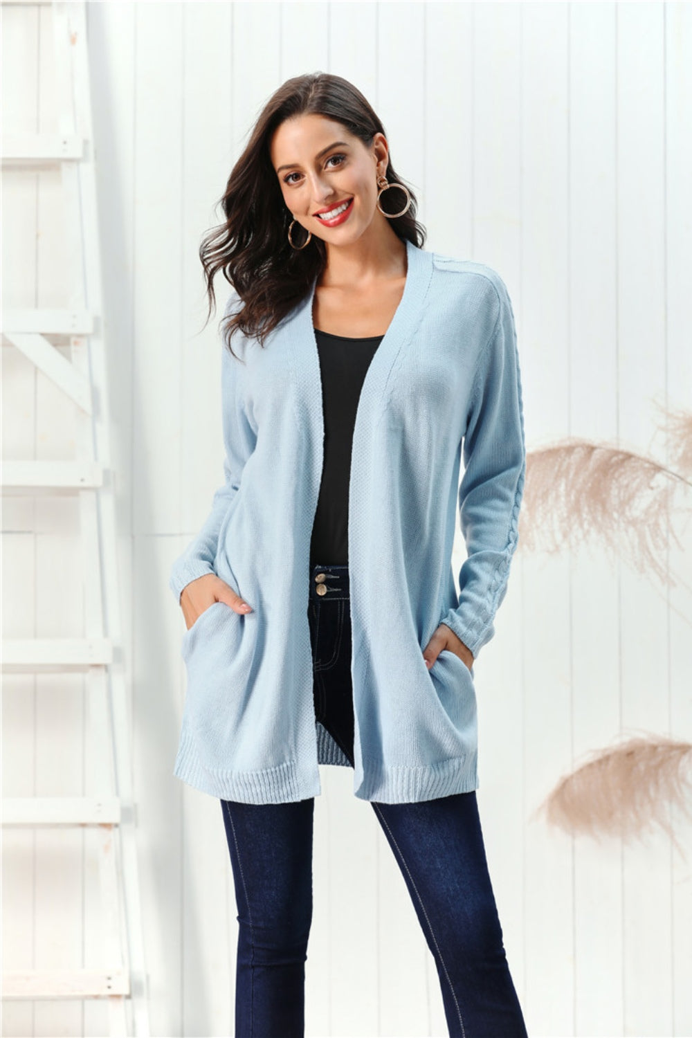 Cable-Knit Open Front Long Sleeve Cardigan-NEW ARRIVALS-[Adult]-[Female]-2022 Online Blue Zone Planet